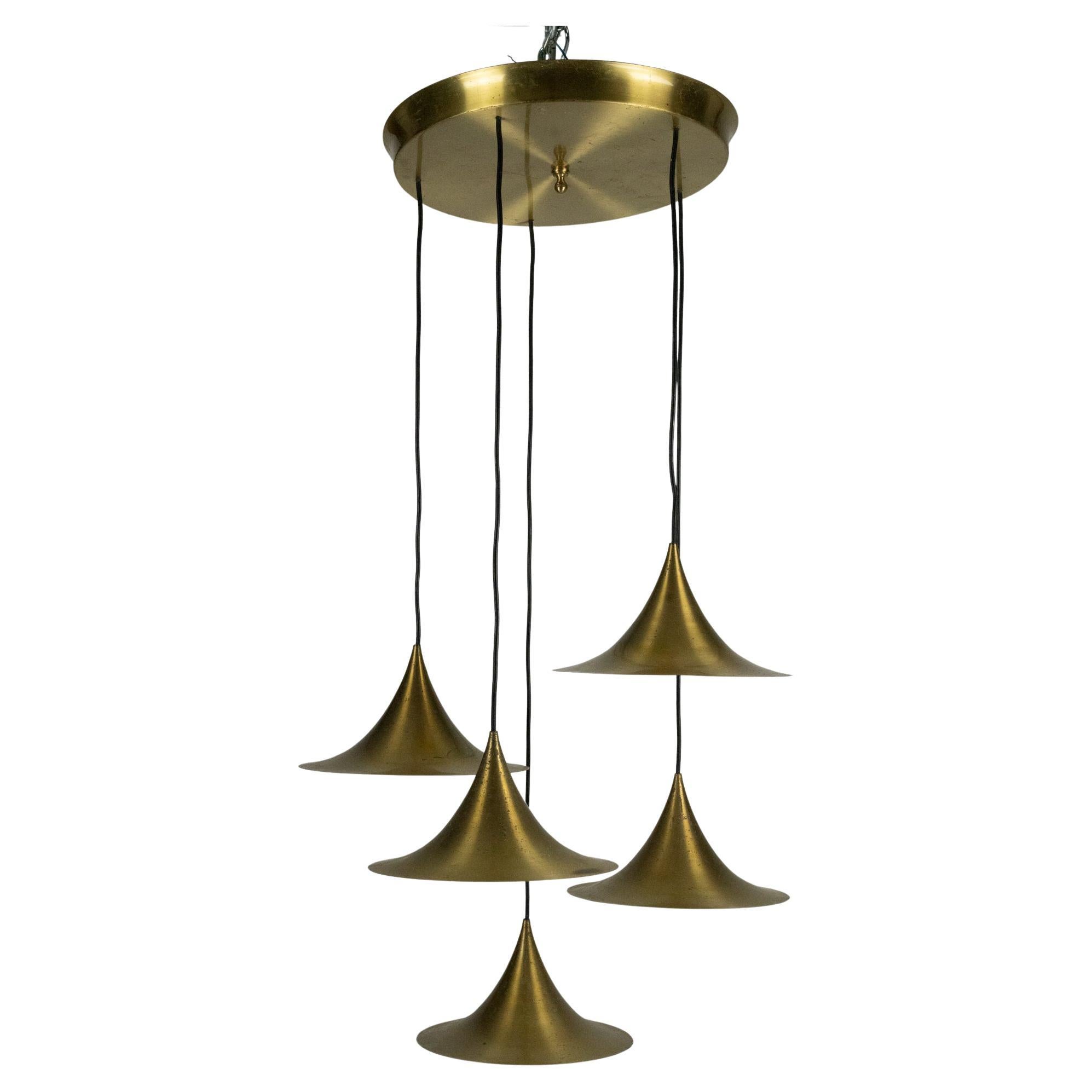 Fog & Morup, Midcentury Brass Pendant with Five Pendant Drops. Danmark, 1960s For Sale