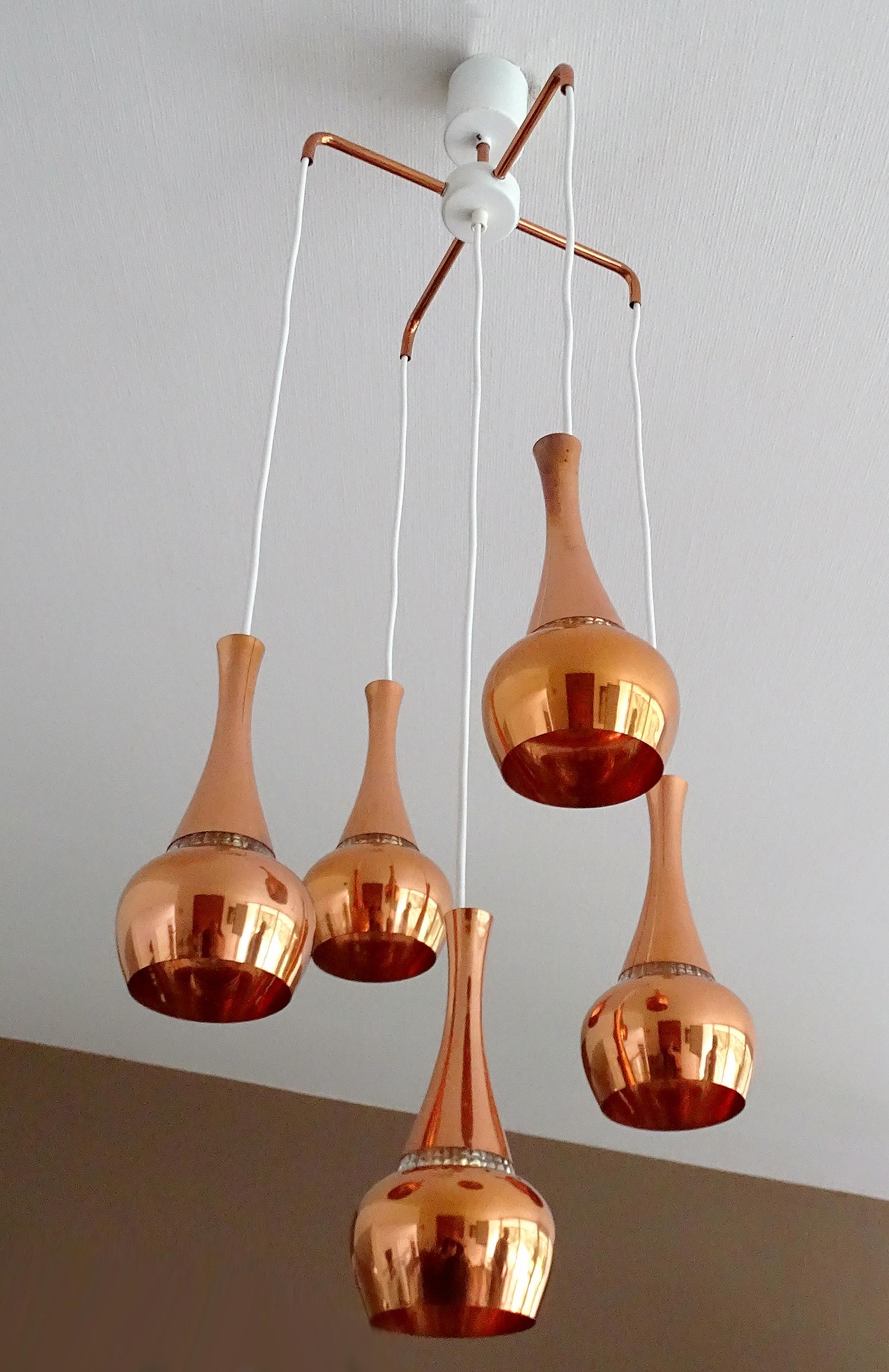 Fog & Morup  MidCentury Orient Copper Glass Chandelier Pendant Lamps, 1960s 6