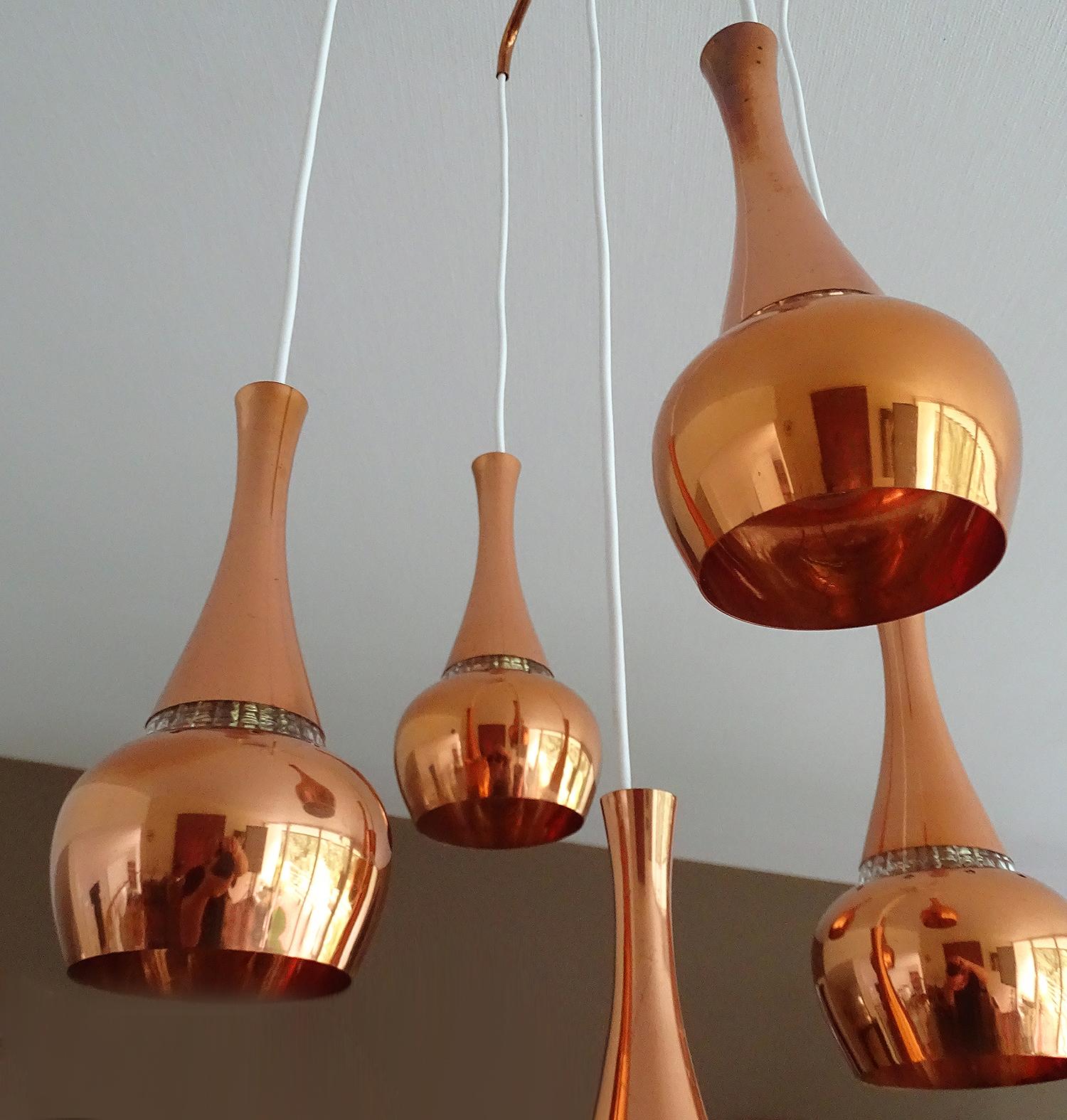 Fog & Morup  MidCentury Orient Copper Glass Chandelier Pendant Lamps, 1960s 7