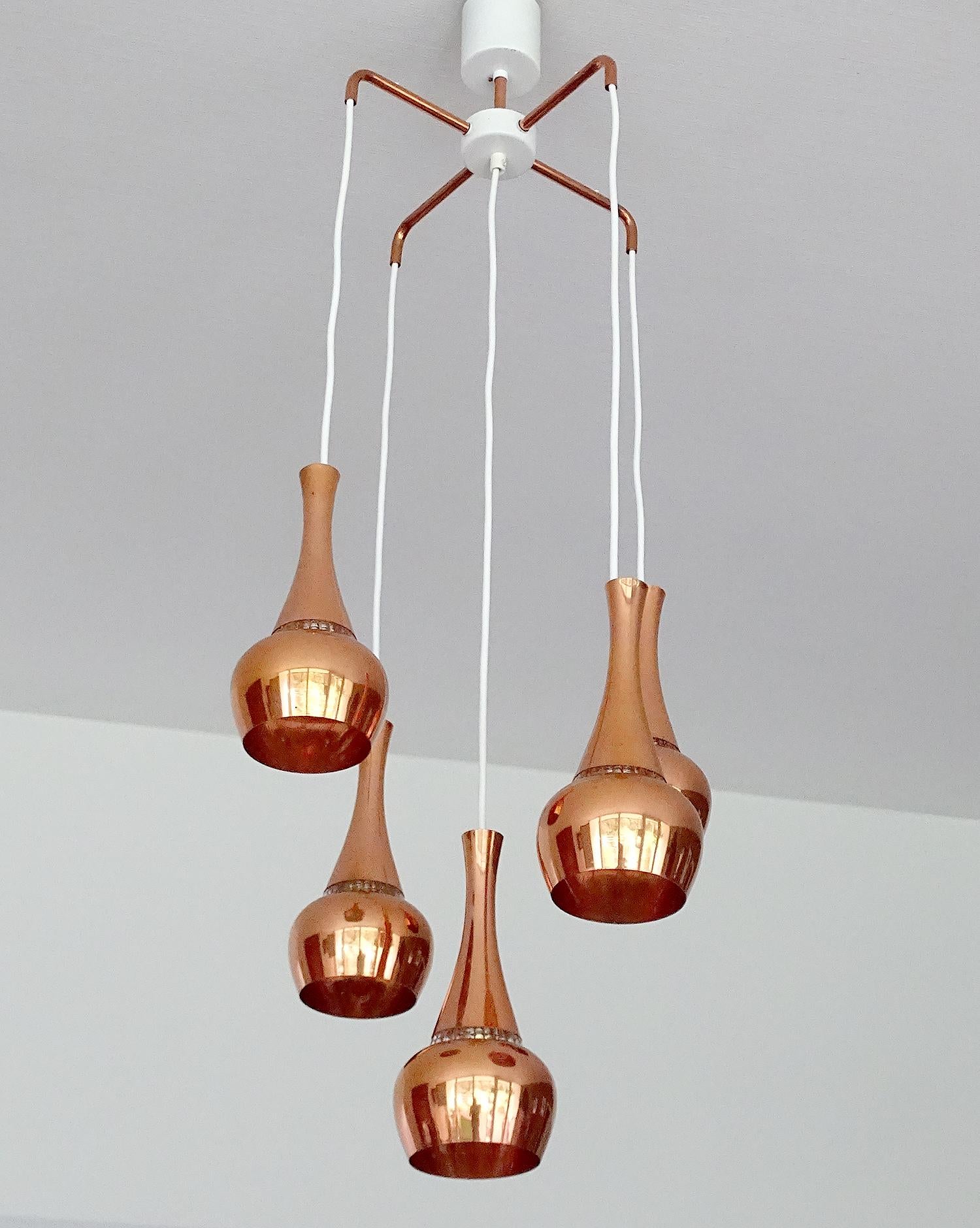 Scandinavian Modern Fog & Morup  MidCentury Orient Copper Glass Chandelier Pendant Lamps, 1960s