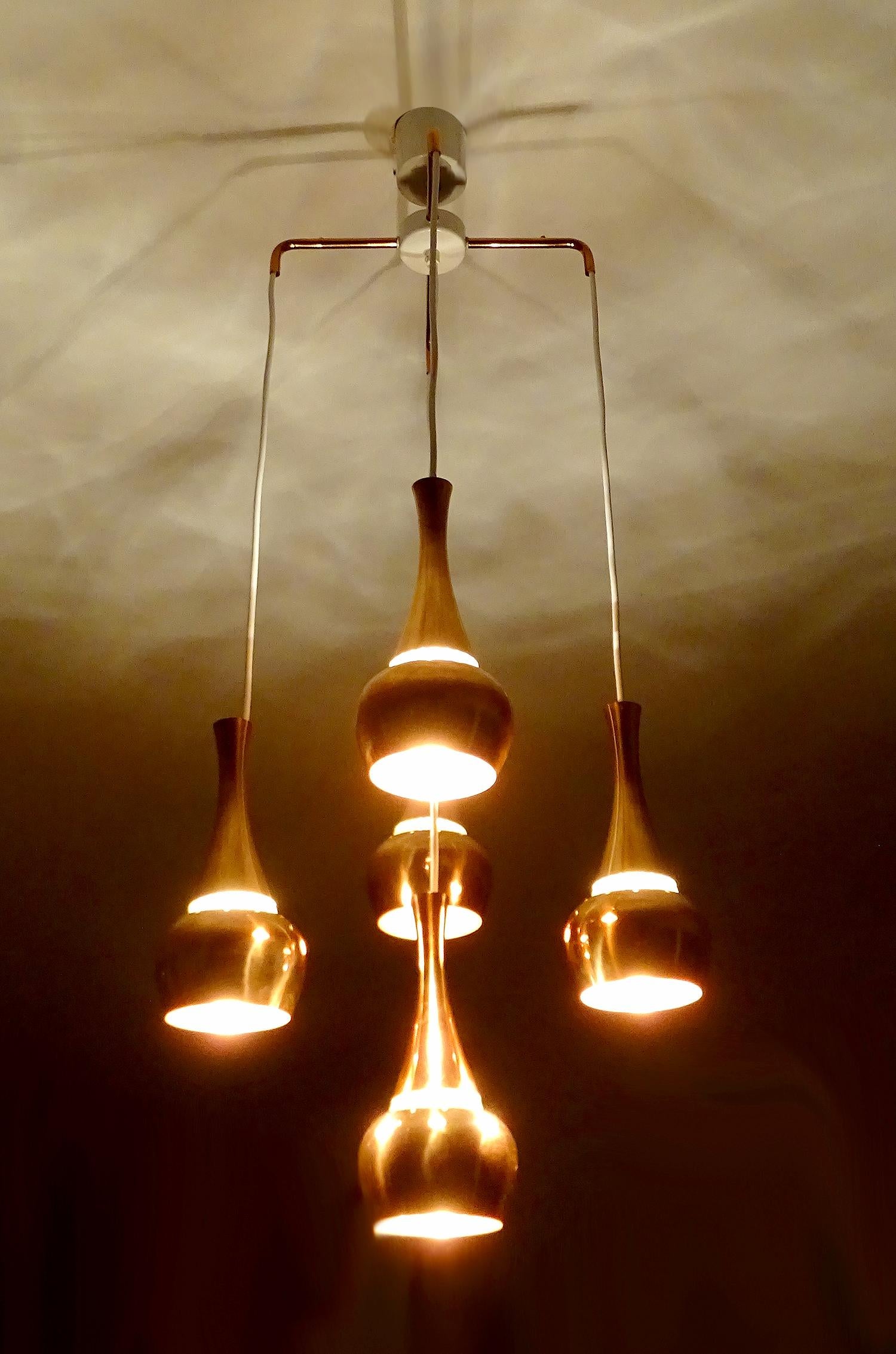 Danish Fog & Morup  MidCentury Orient Copper Glass Chandelier Pendant Lamps, 1960s