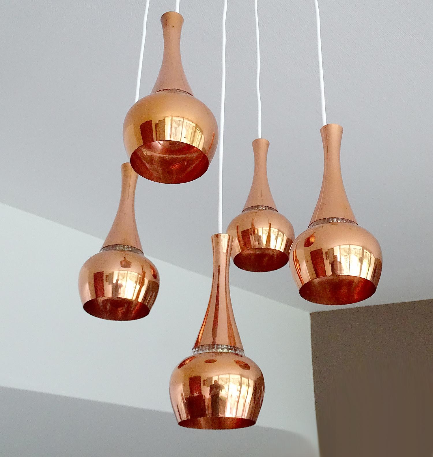 Mid-20th Century Fog & Morup  MidCentury Orient Copper Glass Chandelier Pendant Lamps, 1960s
