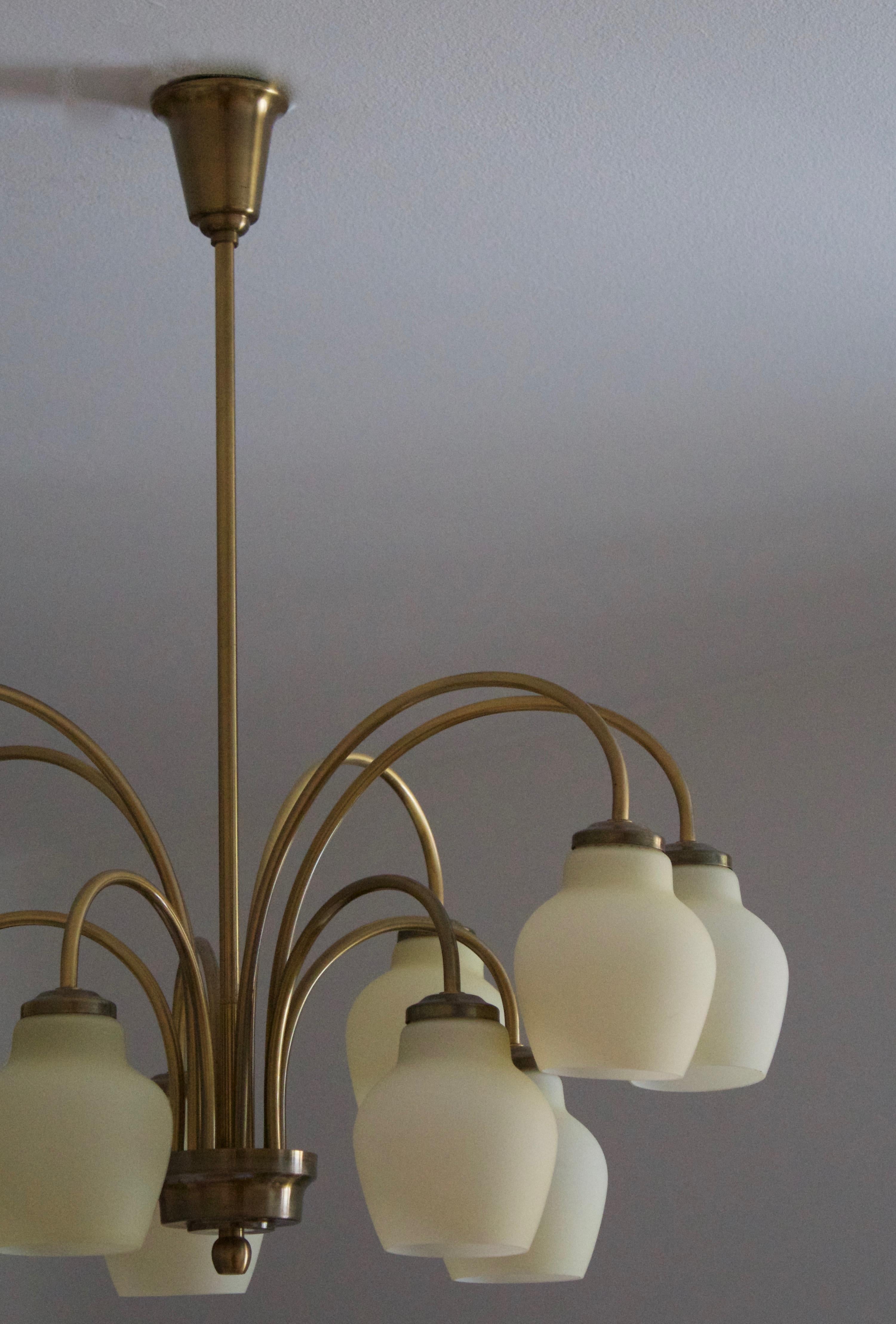 Scandinavian Modern Fog & Mørup, 10-Armed Chandelier Light, Brass, Milk Glass, Denmark, c. 1940s For Sale