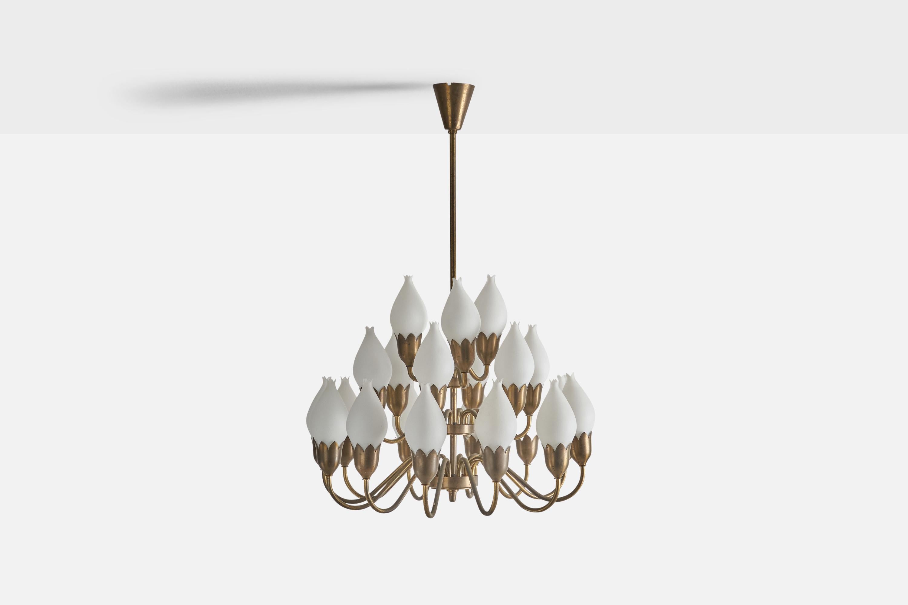A 21-arm brass and milk glass chandelier designed and produced by Fog & Mørup, Denmark, 1940s.

Dimensions of Canopy (inches) : 3.5 x 3.35 x 3.35 (Height x Width x Depth)

Sockets take E-14 bulbs. 

There is no maximum wattage stated on the