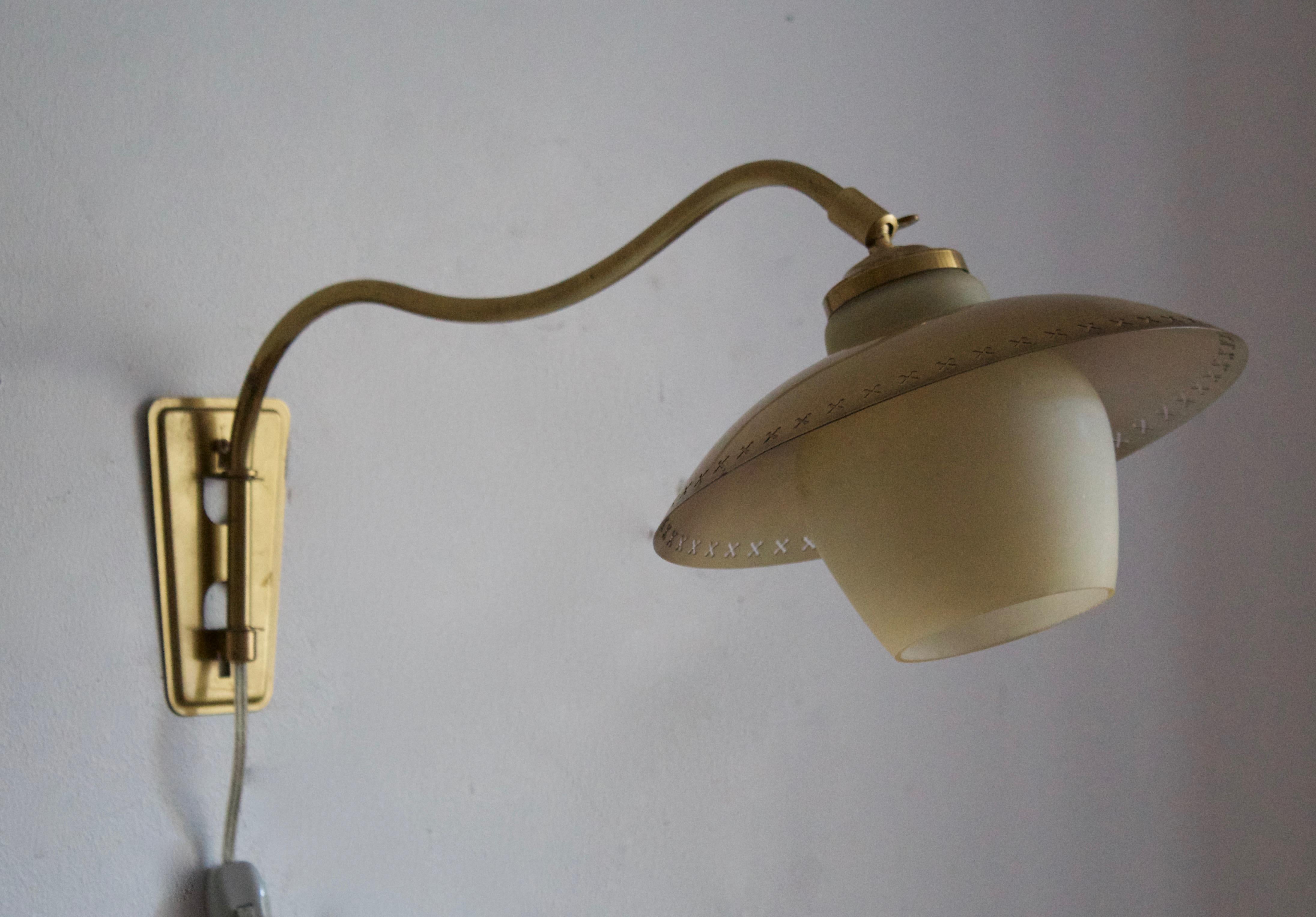 Danish Fog & Mørup, Adjustable Wall Light, Brass, Opaline Glass, Denmark, 1950s