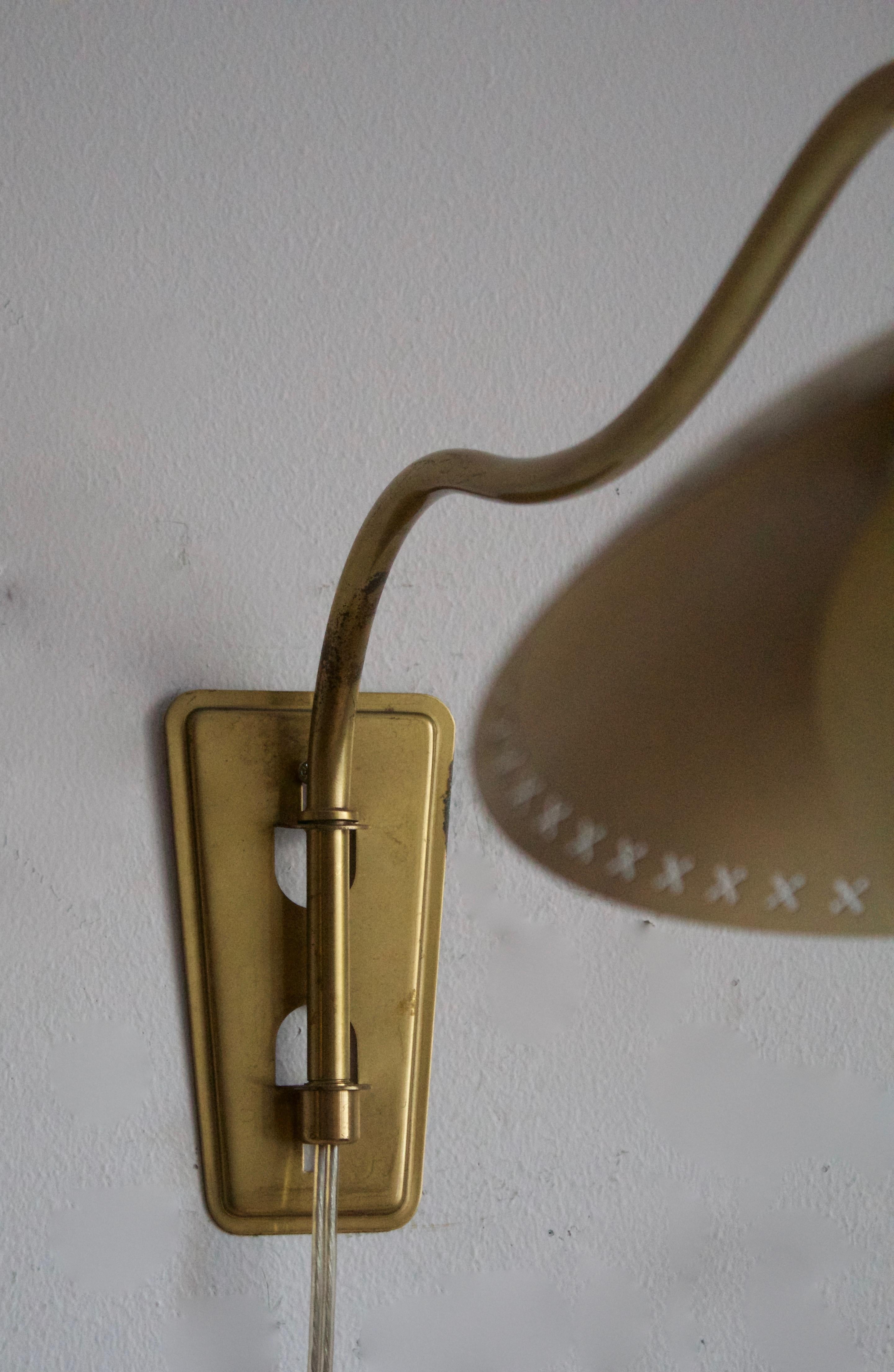 Fog & Mørup, Adjustable Wall Light, Brass, Opaline Glass, Denmark, 1950s In Good Condition In High Point, NC