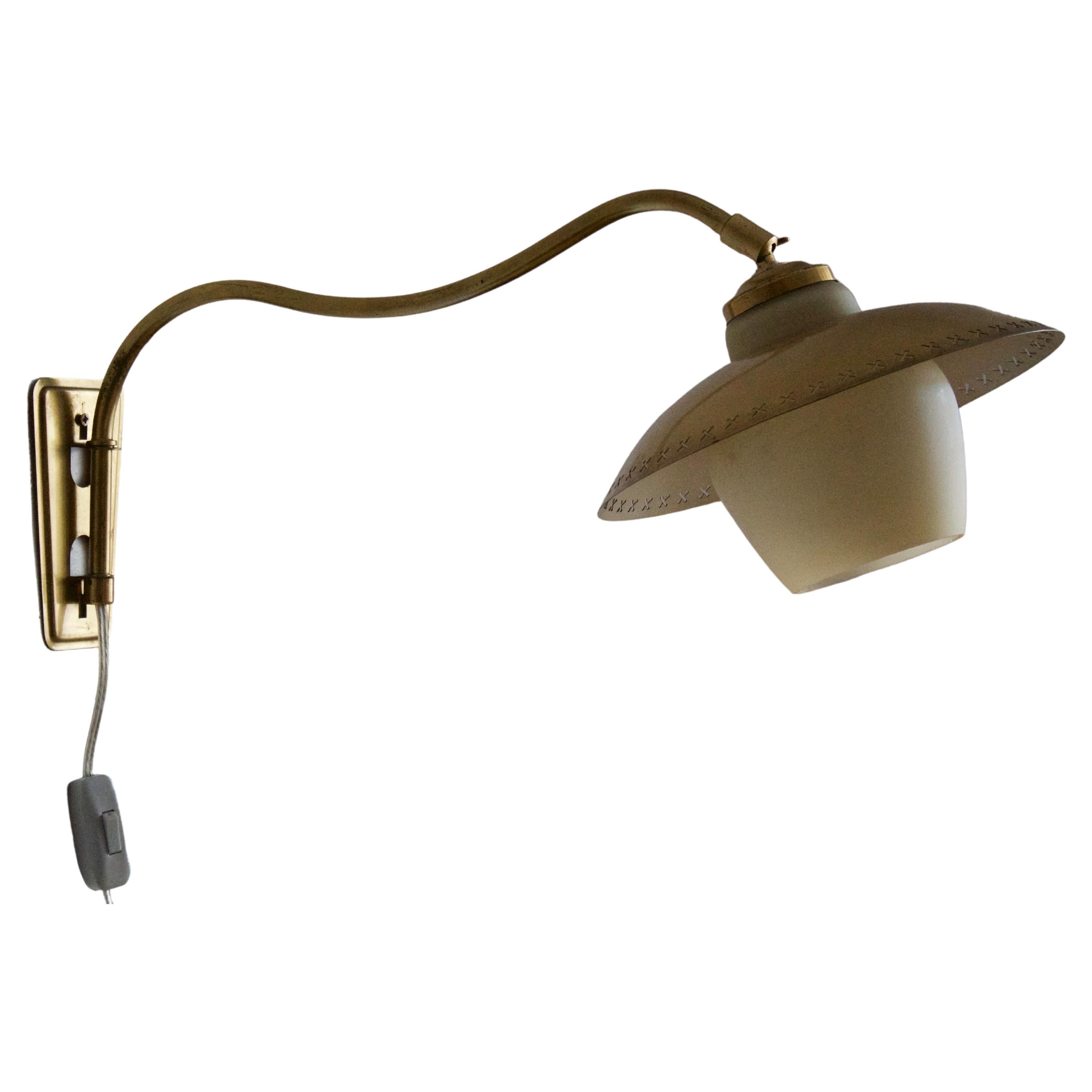 Fog & Mørup, Adjustable Wall Light, Brass, Opaline Glass, Denmark, 1950s