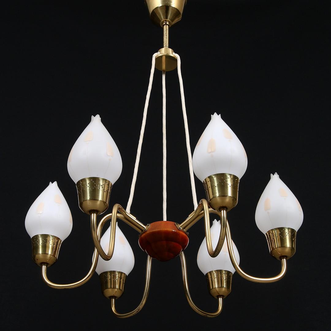 Mid-Century Modern Fog & Mørup Brass Chandelier with Opaline Glass Shades For Sale