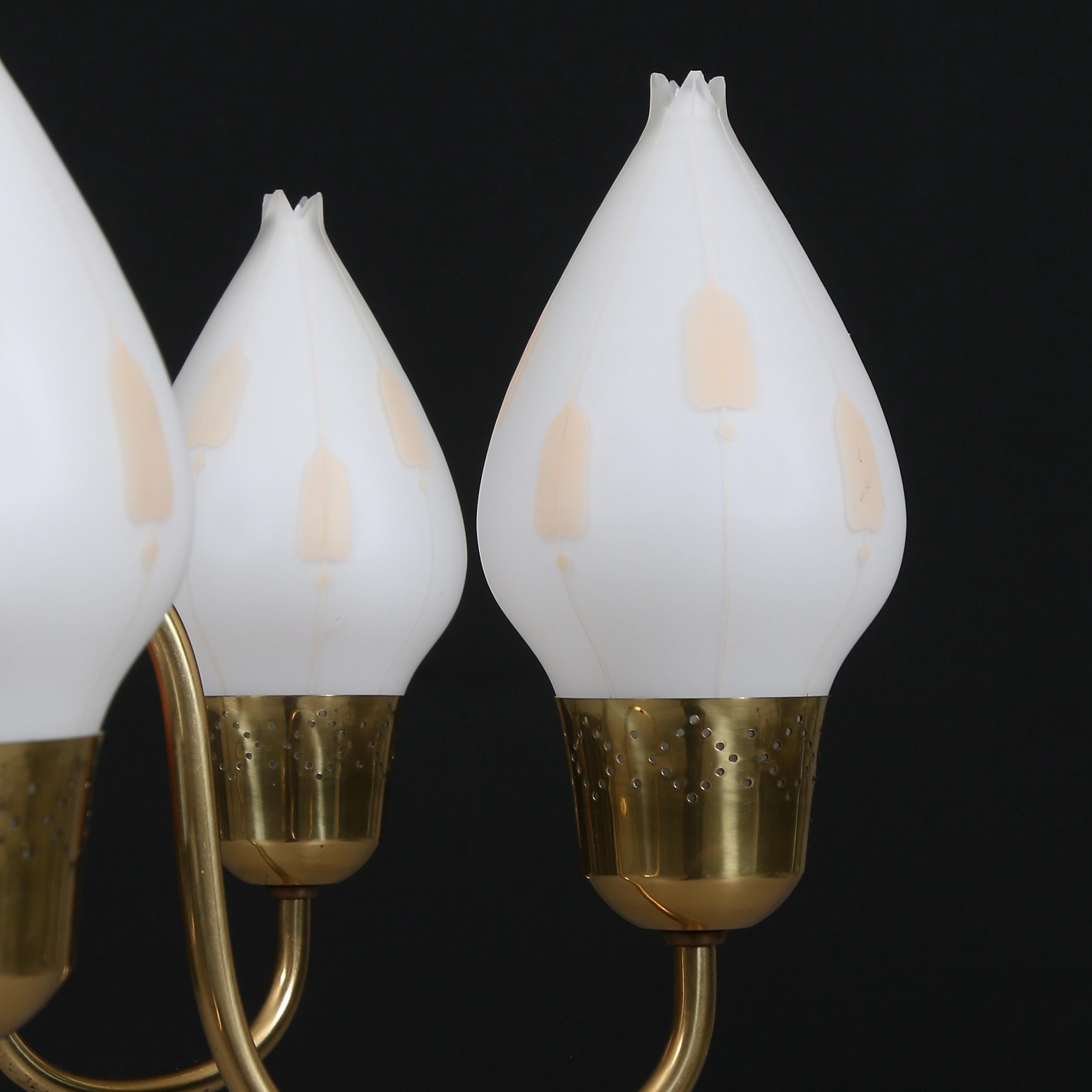 Danish Fog & Mørup Brass Chandelier with Opaline Glass Shades For Sale