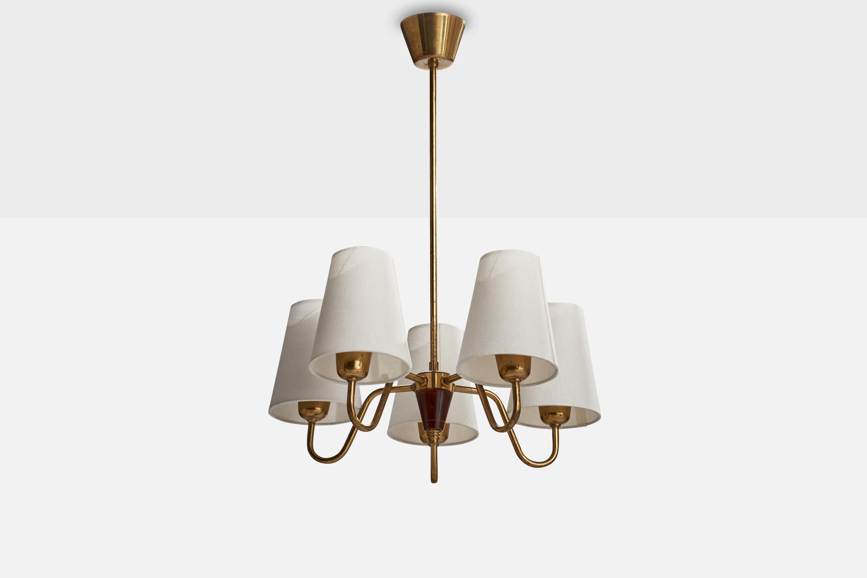A brass, fabric and wood chandelier produced by Fog & Mørup, Denmark, 1940s.

Dimensions of canopy (inches): 3.52” H x 2.60” Diameter
Socket takes standard E-14 bulbs. 5 socket.There is no maximum wattage stated on the fixture. All lighting will be
