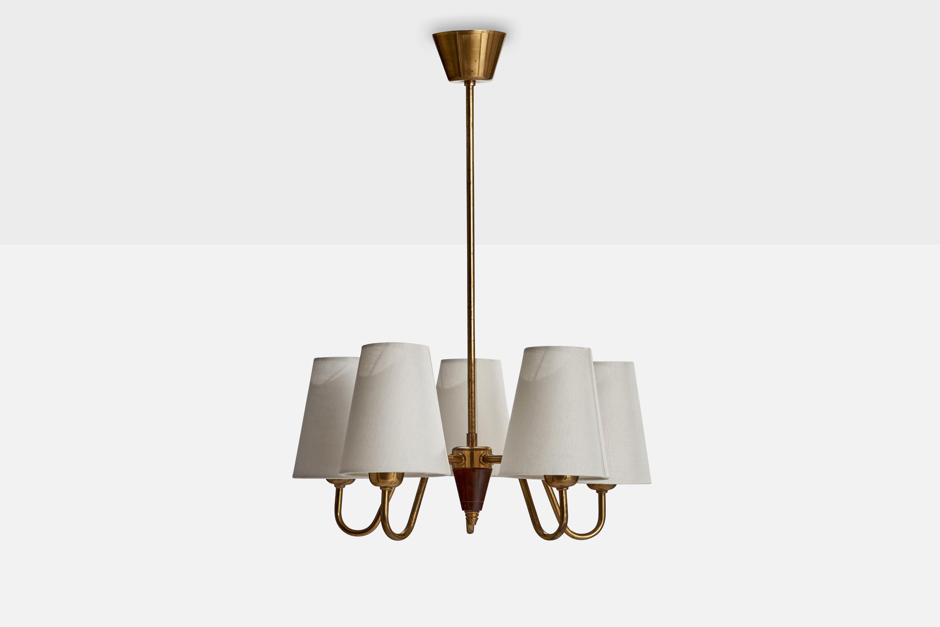 Scandinavian Modern Fog & Mørup, Chandelier, Brass, Fabric, Wood, Denmark, 1940s For Sale