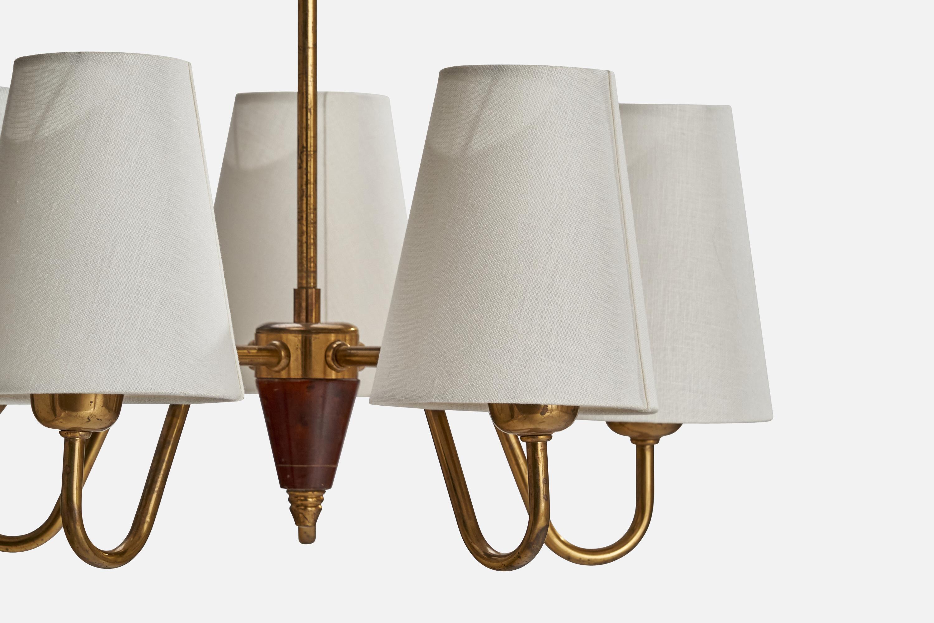 Danish Fog & Mørup, Chandelier, Brass, Fabric, Wood, Denmark, 1940s For Sale