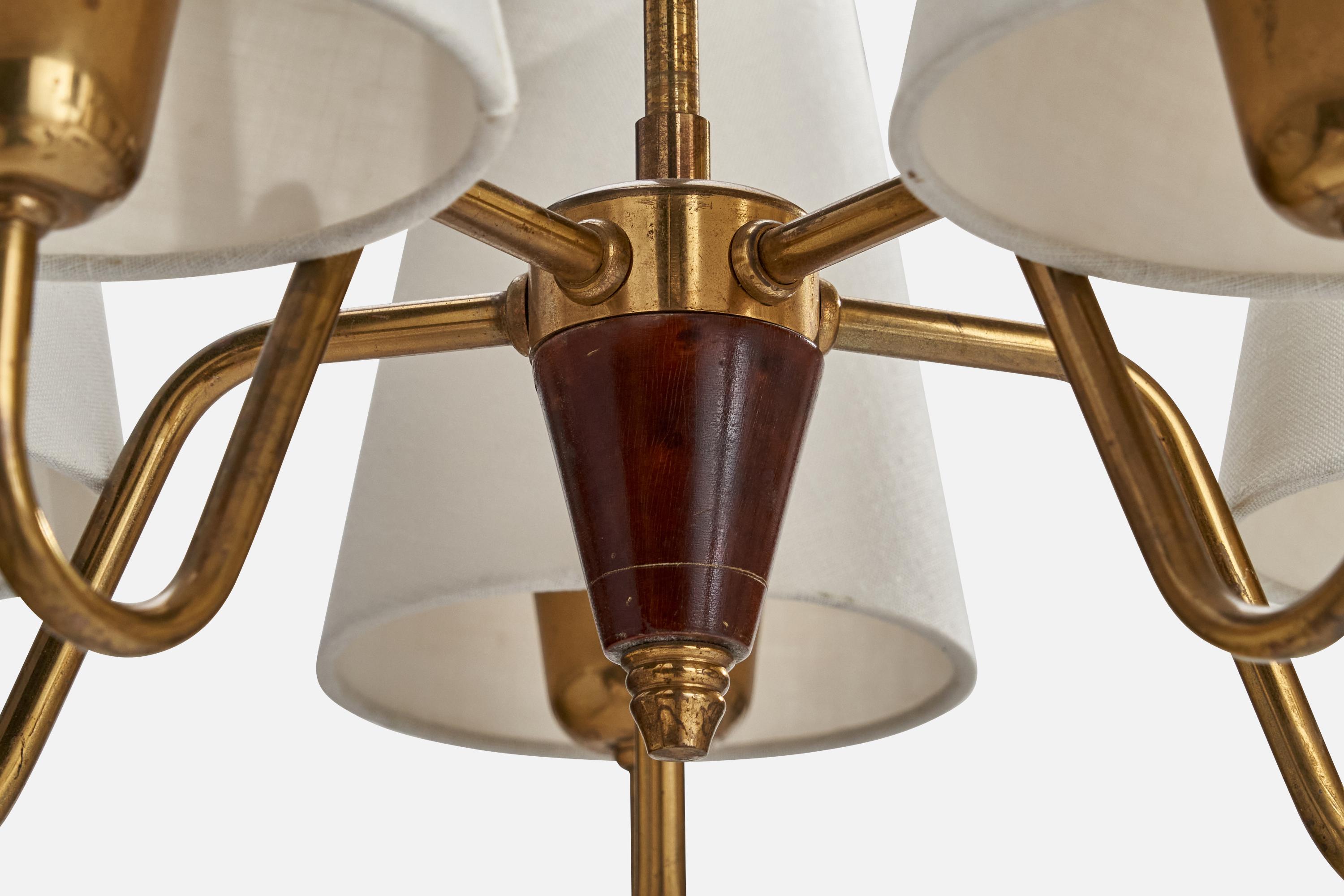 Mid-20th Century Fog & Mørup, Chandelier, Brass, Fabric, Wood, Denmark, 1940s For Sale