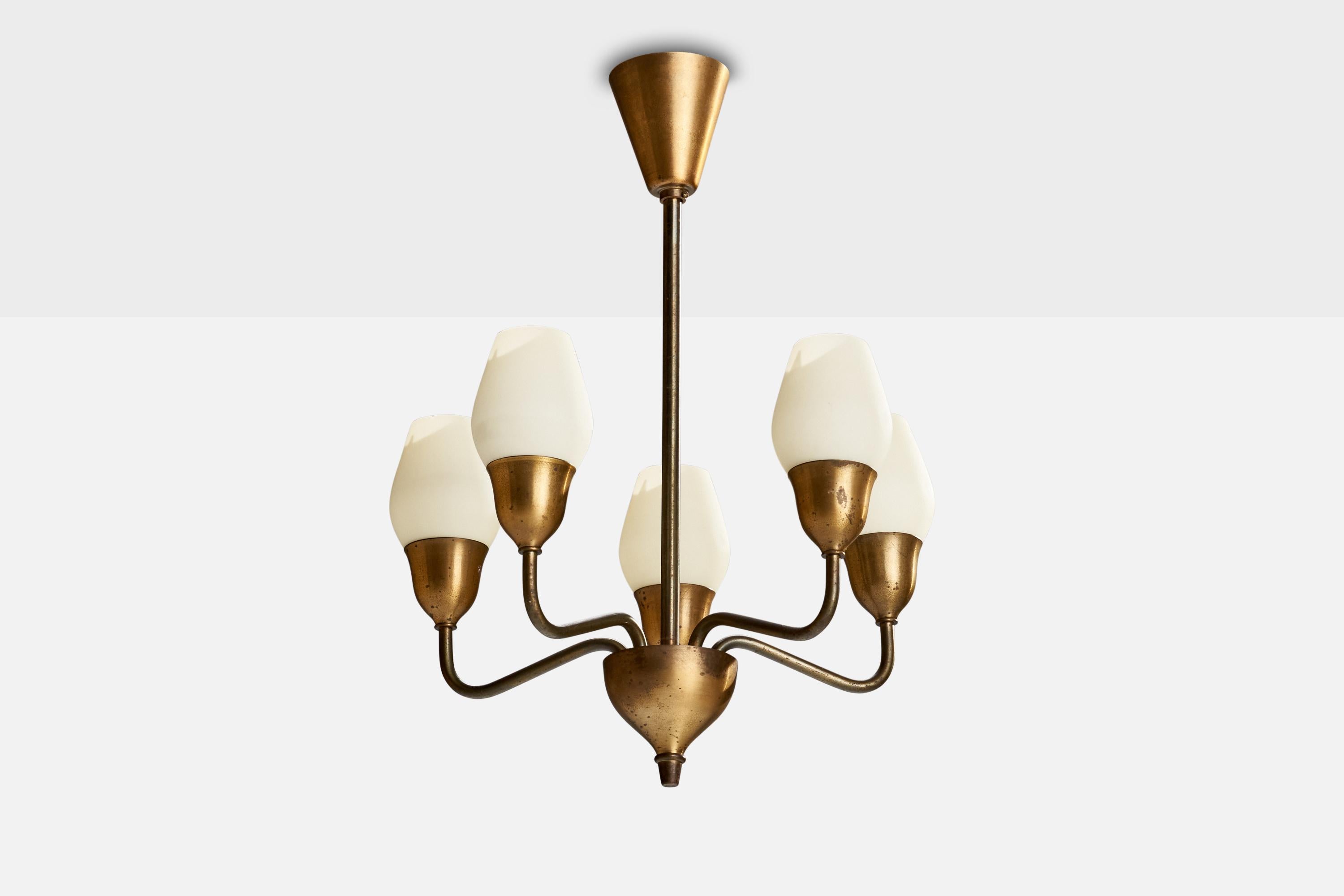 A brass and glass chandelier designed and produced by Fog & Mørup, Denmark, 1940s.

Dimensions of canopy (inches): 4” H x 3..5” Diameter
Socket takes standard E-14 bulbs. 5 socket.There is no maximum wattage stated on the fixture. All lighting will