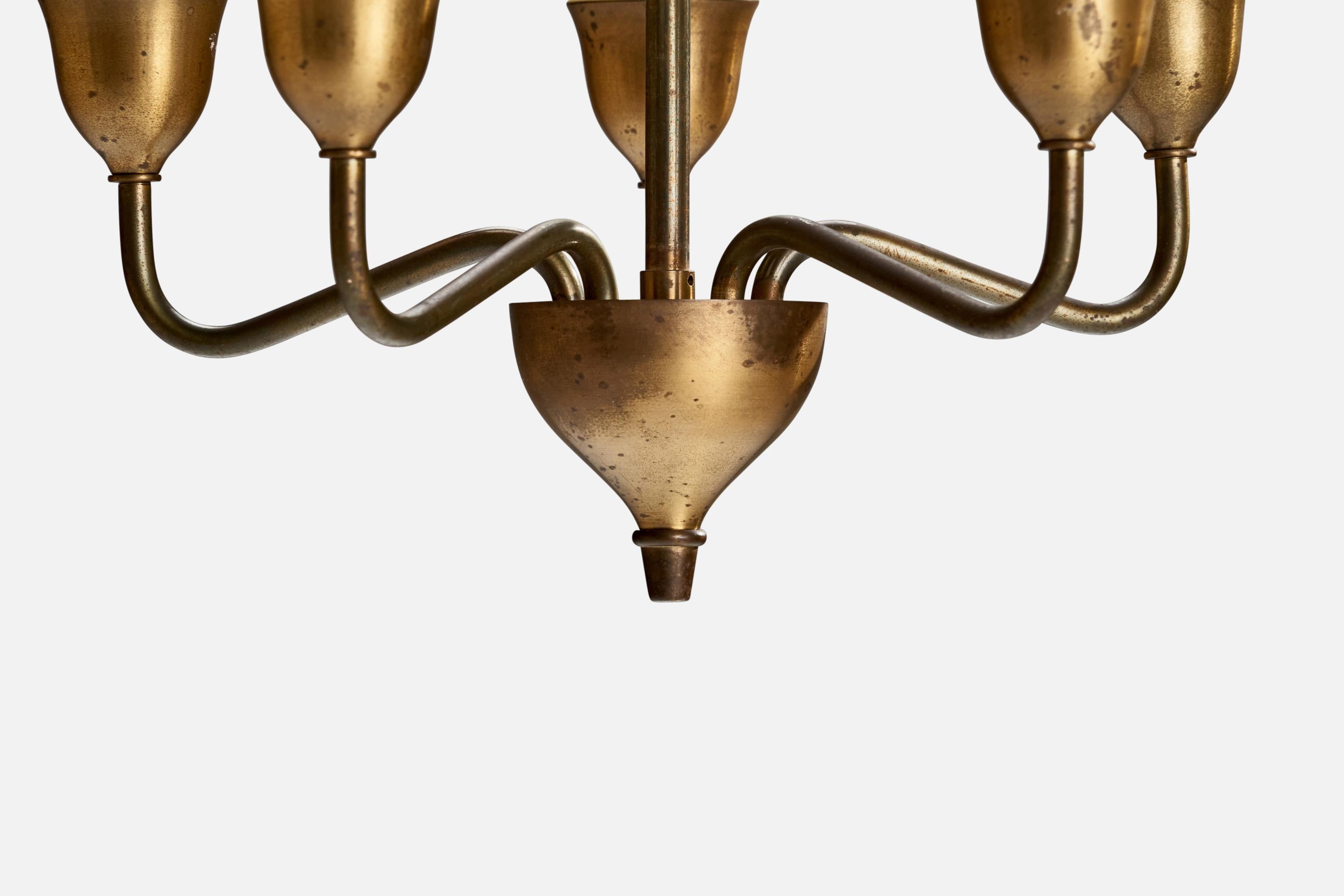 Mid-20th Century Fog & Mørup, Chandelier, Brass, Glass, Denmark, 1940s For Sale