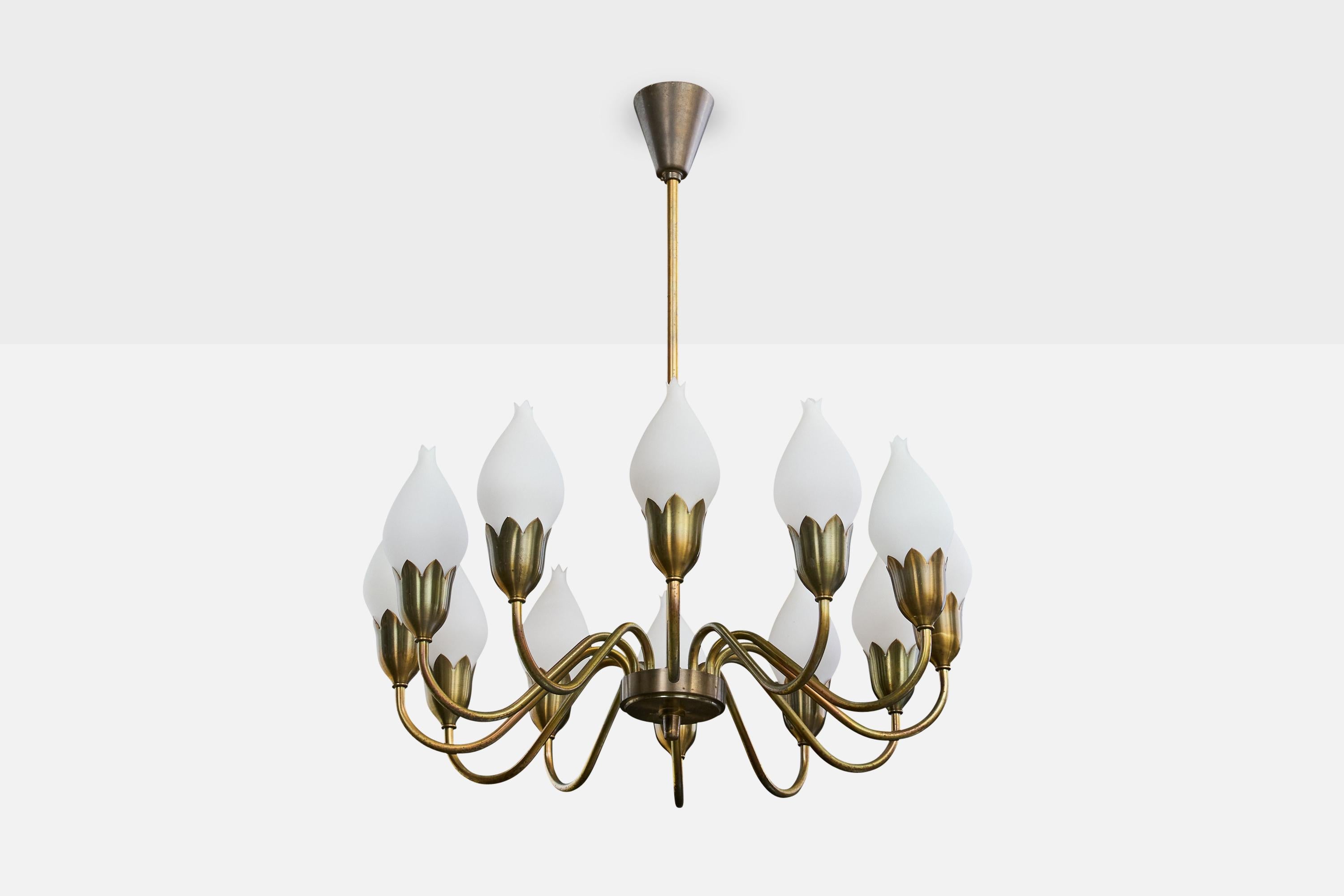 A brass and white opaline glass chandelier produced by Fog & Mørup, Denmark, c. 1950s.

Overall Dimensions (inches): 28.5