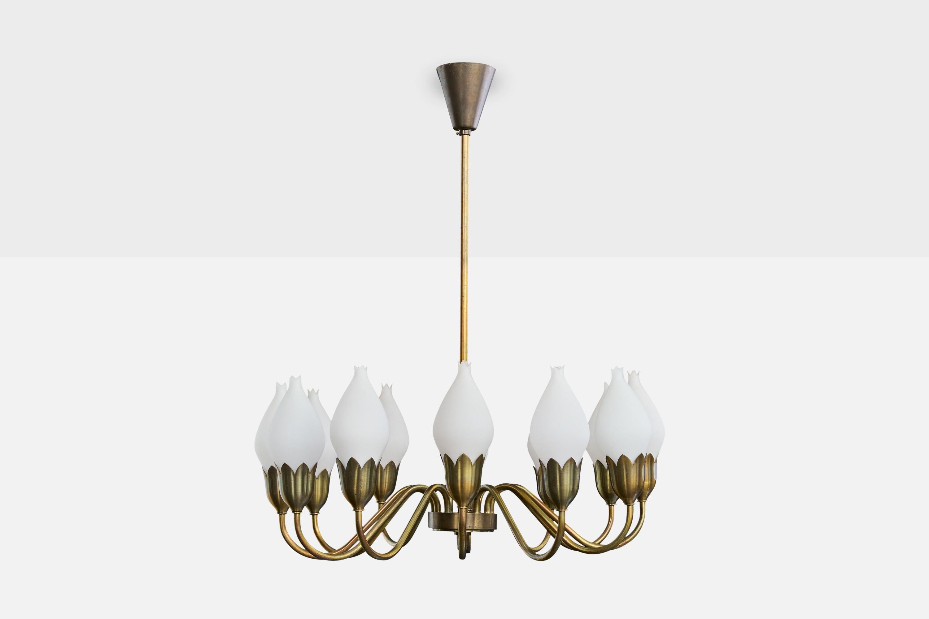 Mid-Century Modern Fog & Mørup, Chandelier, Brass, Glass, Denmark, 1950s For Sale