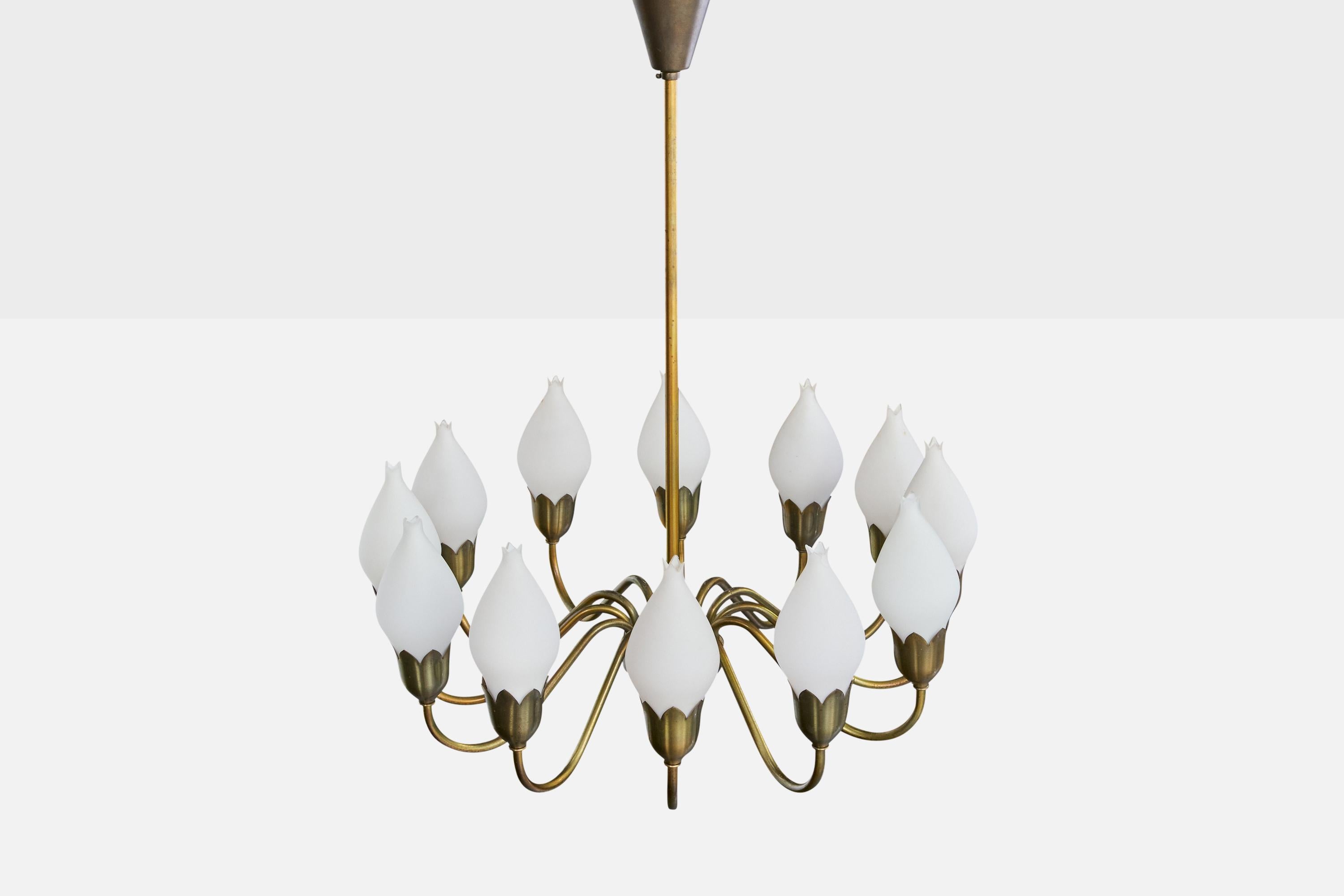 Danish Fog & Mørup, Chandelier, Brass, Glass, Denmark, 1950s For Sale