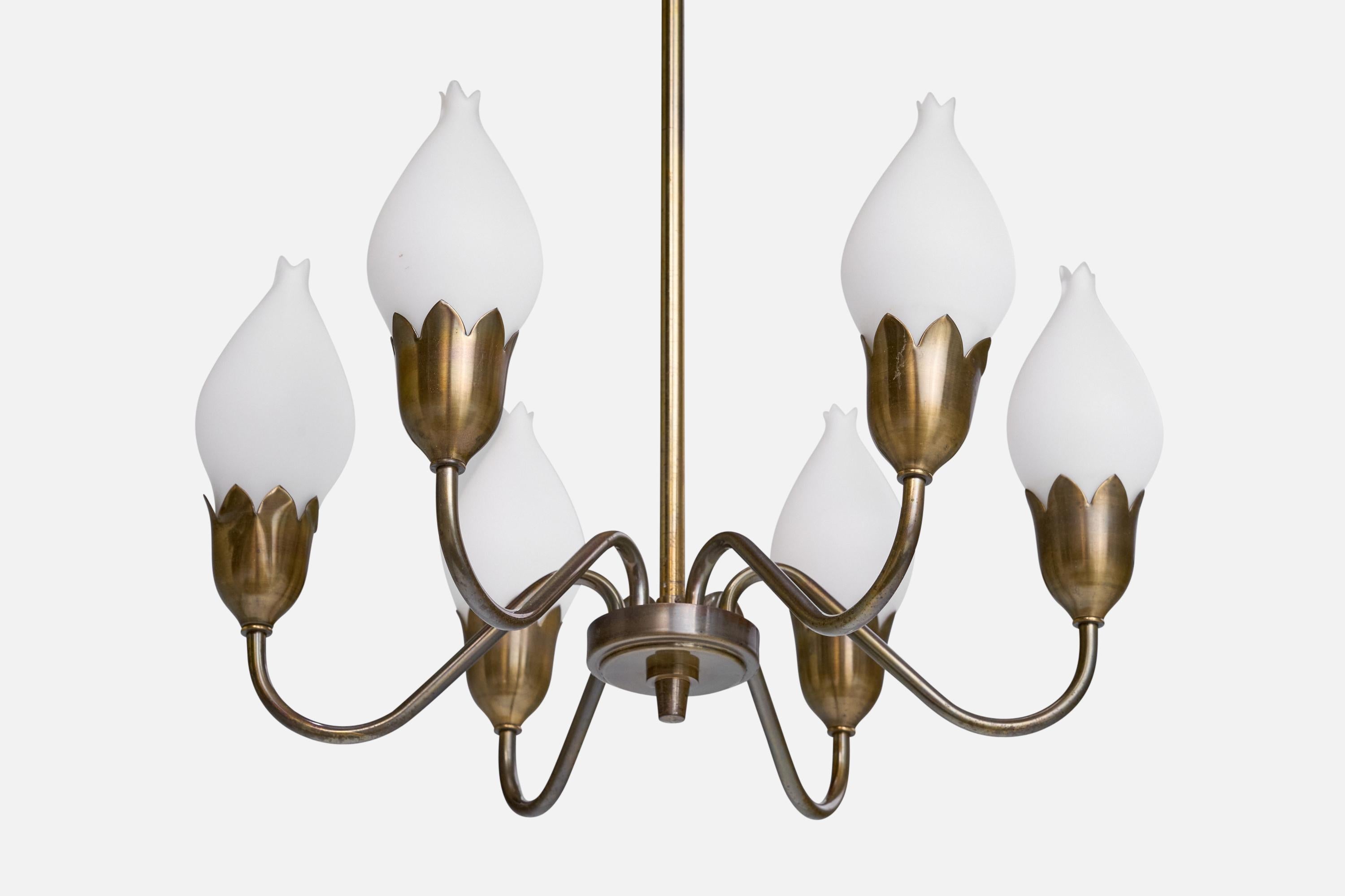 Metà XX secolo Fog & Mørup, Lampadario, Ottone, Vetro, Danimarca, anni '1950 in vendita