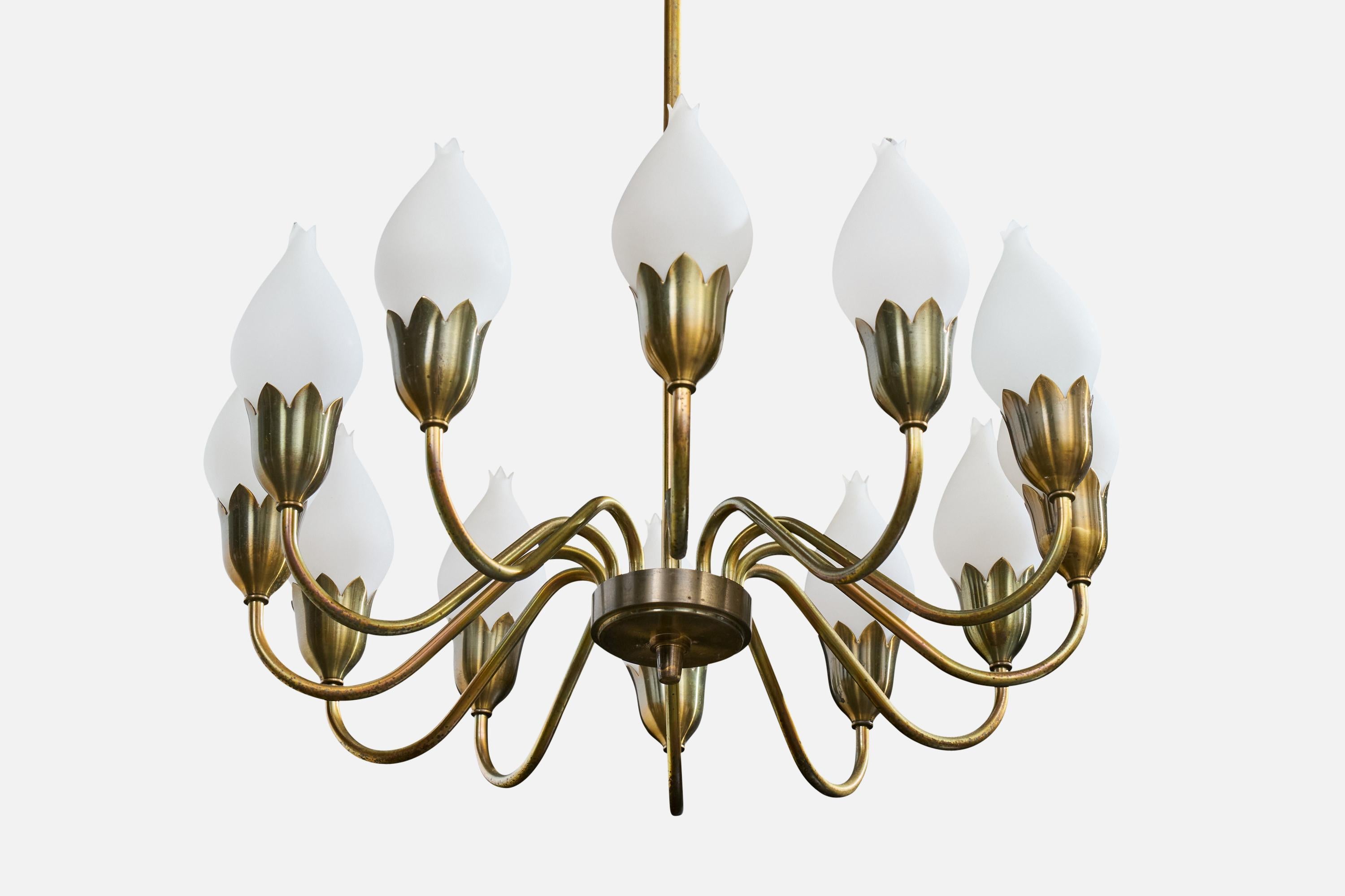 Fog & Mørup, Chandelier, Brass, Glass, Denmark, 1950s In Good Condition For Sale In High Point, NC