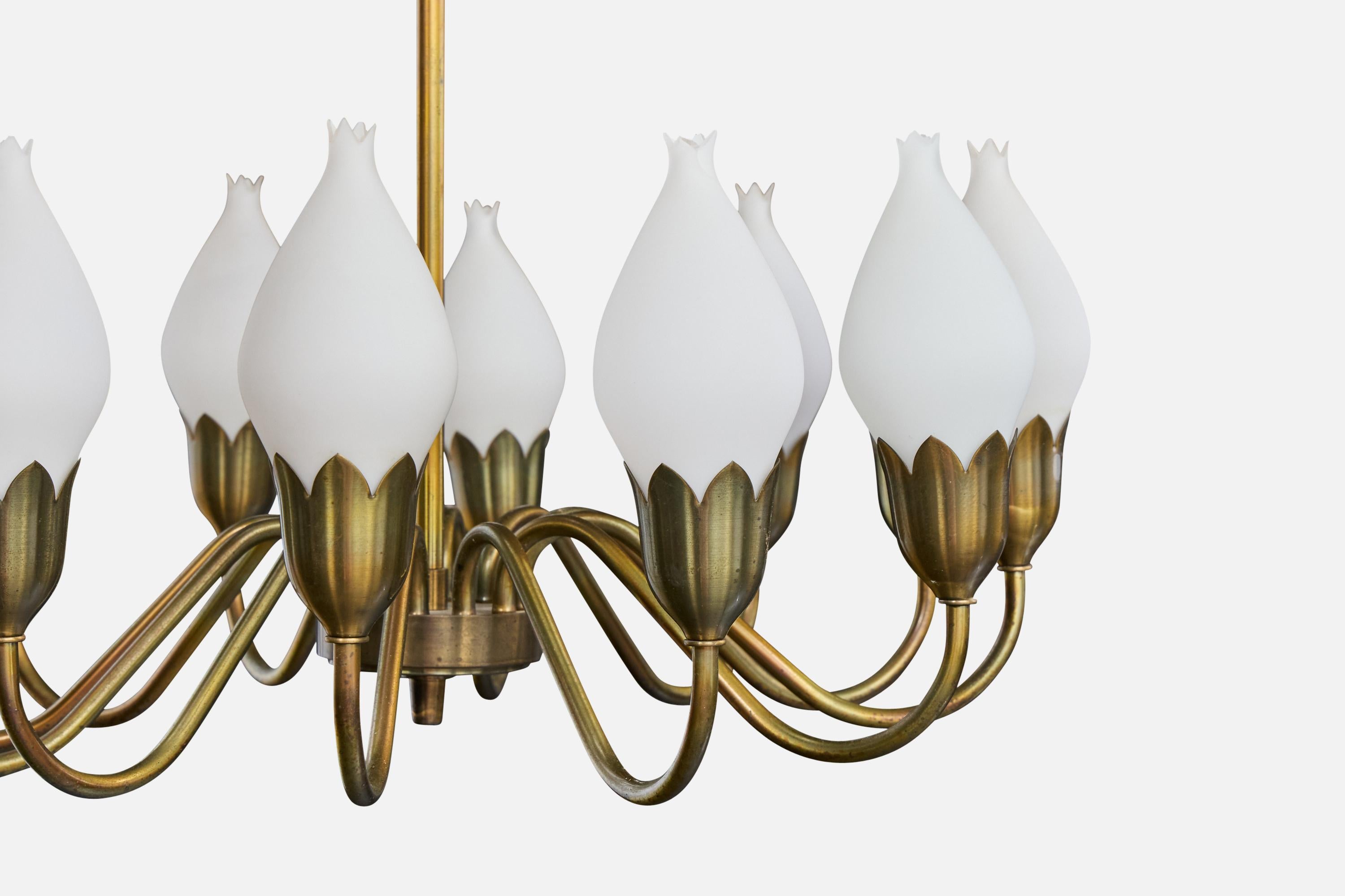 Mid-20th Century Fog & Mørup, Chandelier, Brass, Glass, Denmark, 1950s For Sale