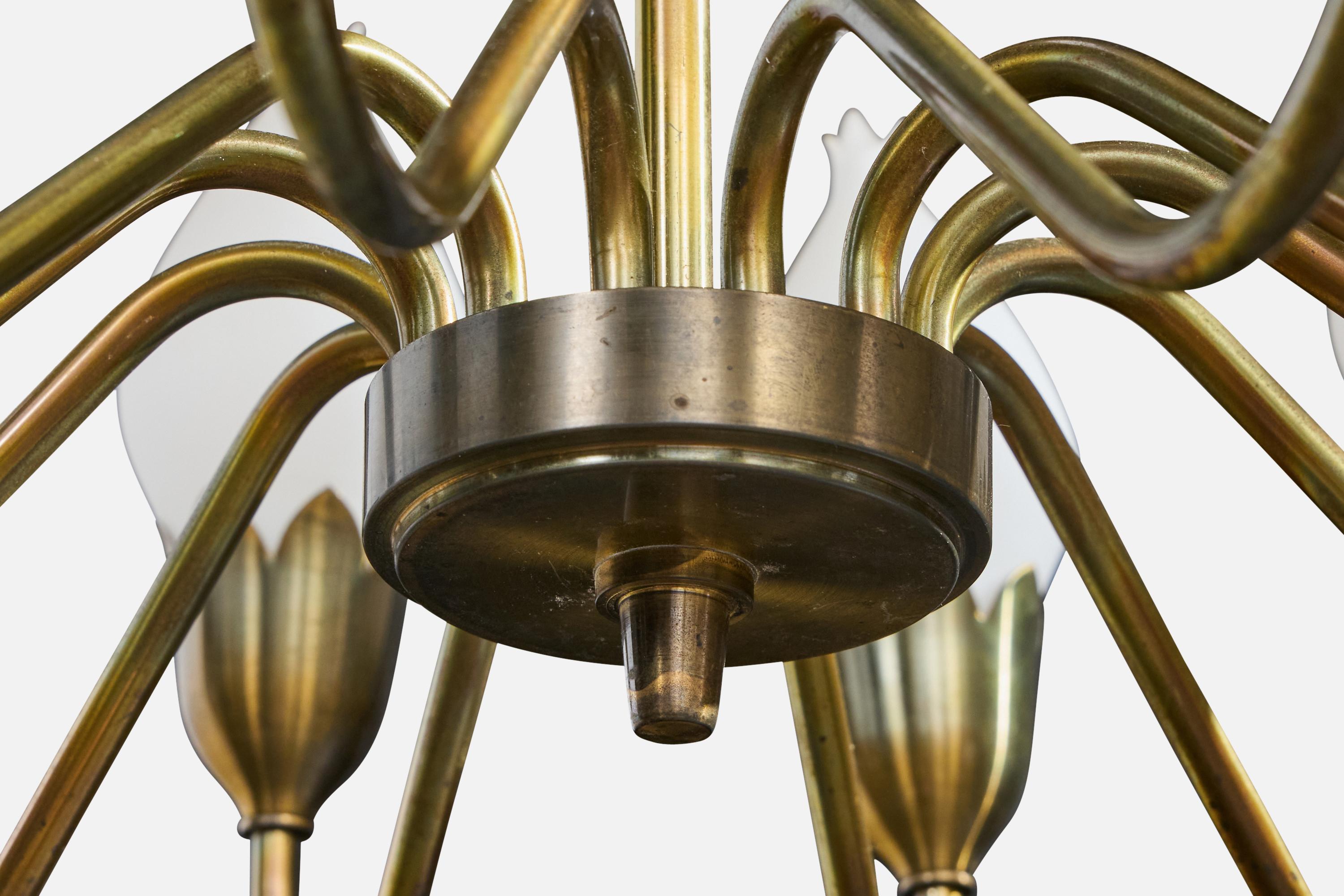 Fog & Mørup, Chandelier, Brass, Glass, Denmark, 1950s For Sale 1