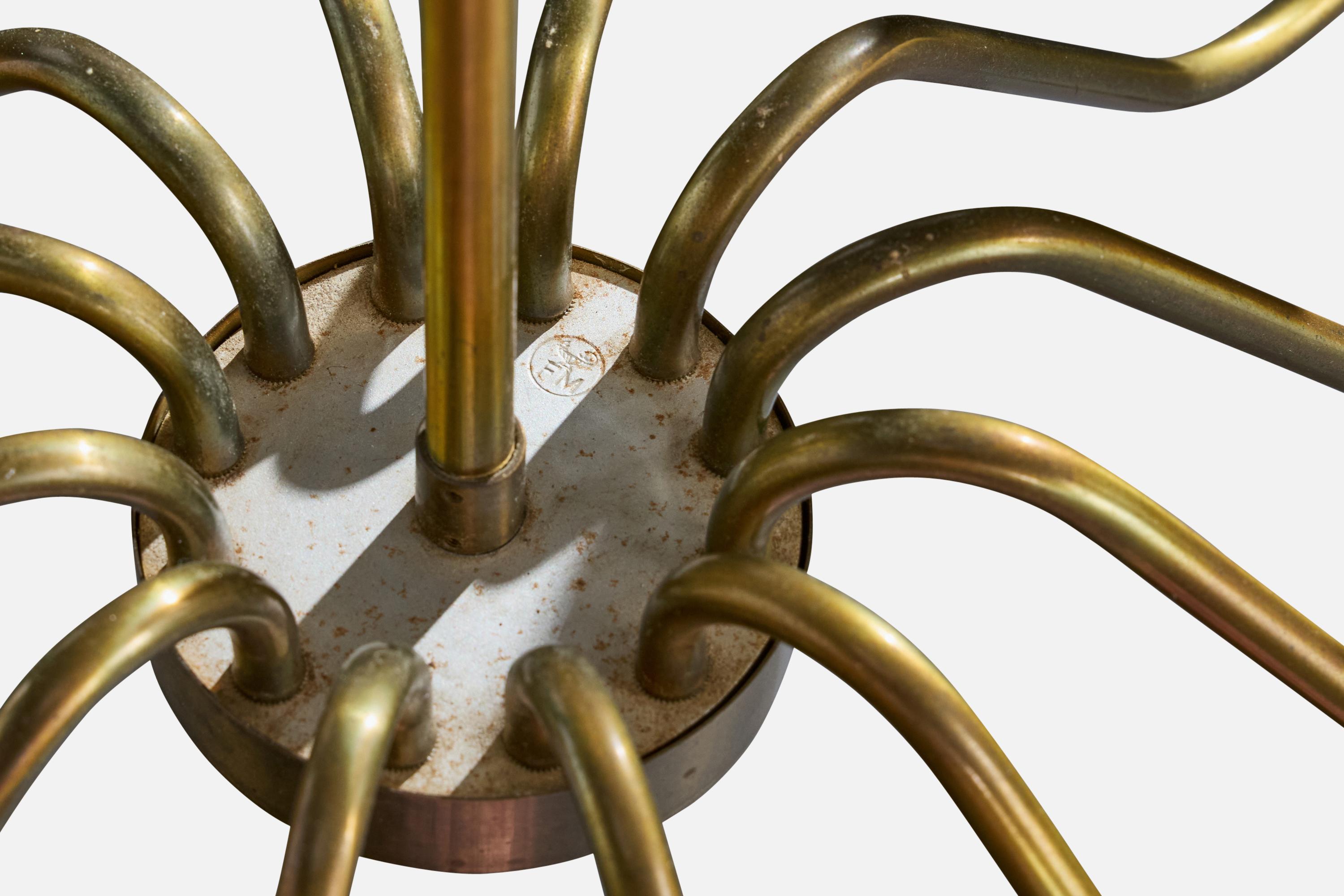 Fog & Mørup, Chandelier, Brass, Glass, Denmark, 1950s For Sale 2