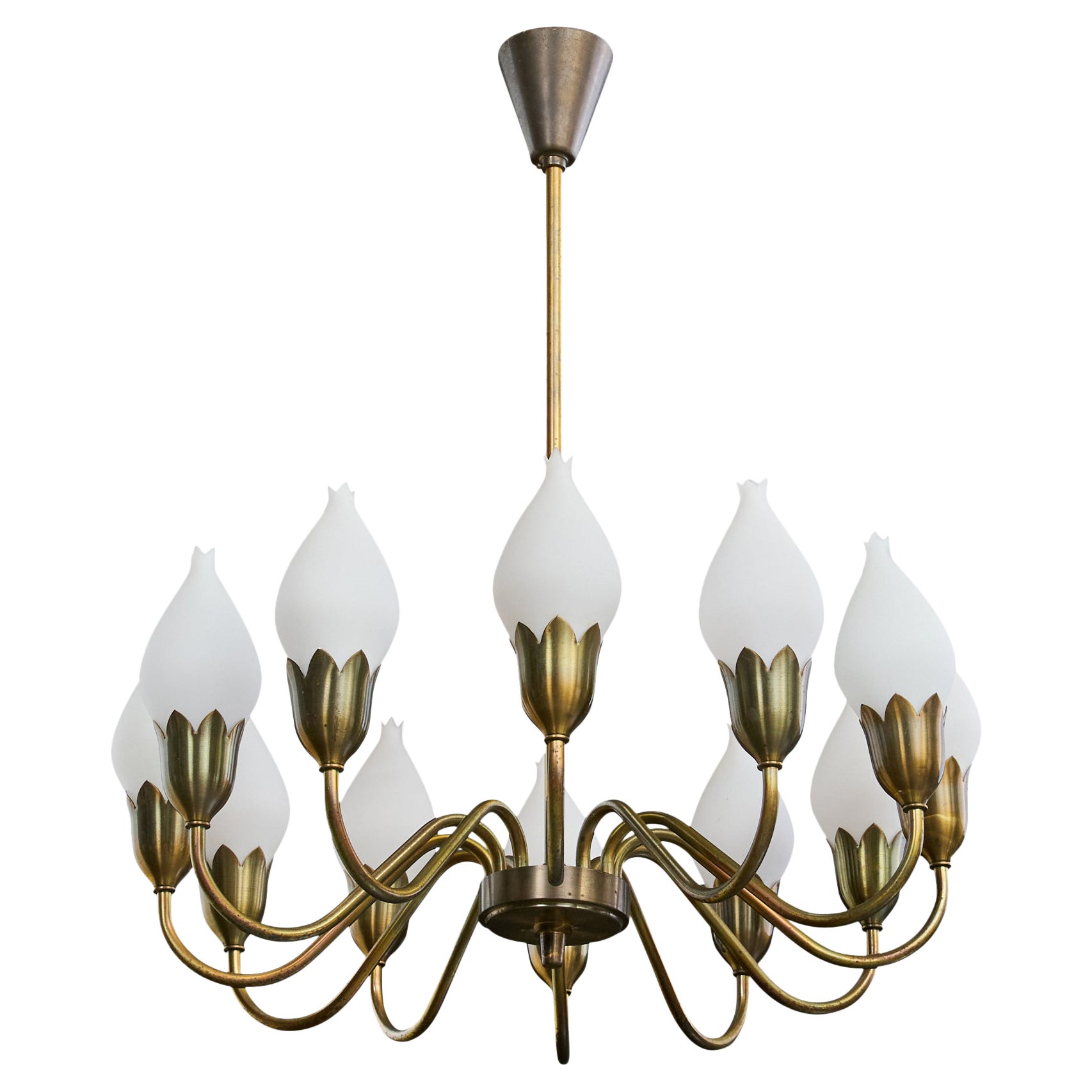 Fog & Mørup, Chandelier, Brass, Glass, Denmark, 1950s For Sale