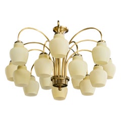 Fog & Mørup, Chandelier, Brass, Glass, Denmark, 1950s