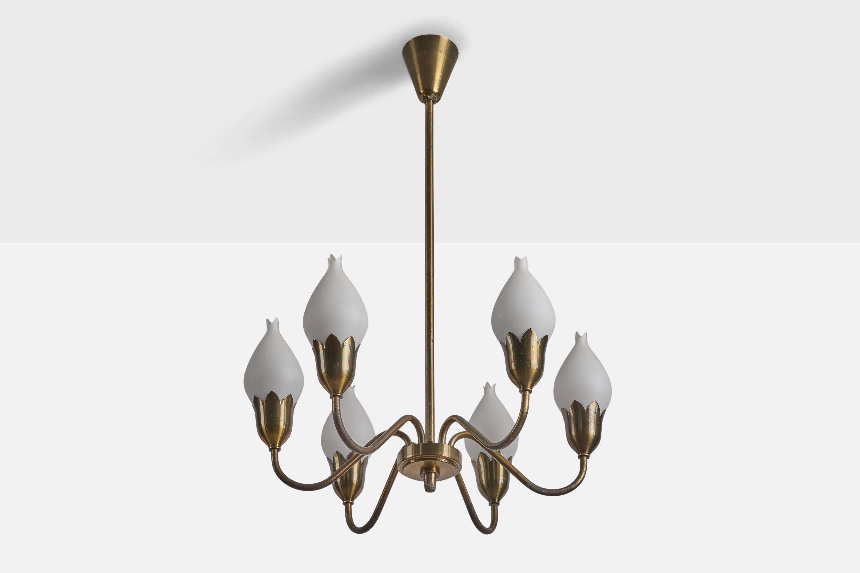 A five-armed brass and opaline glass chandelier designed and produced by 
Fog & Mørup, Denmark, c. 1960s.

Overall Dimensions (inches): 25.5” H x 19” Diameter
Bulb Specifications: E-14 Bulb
Number of Sockets: 6
