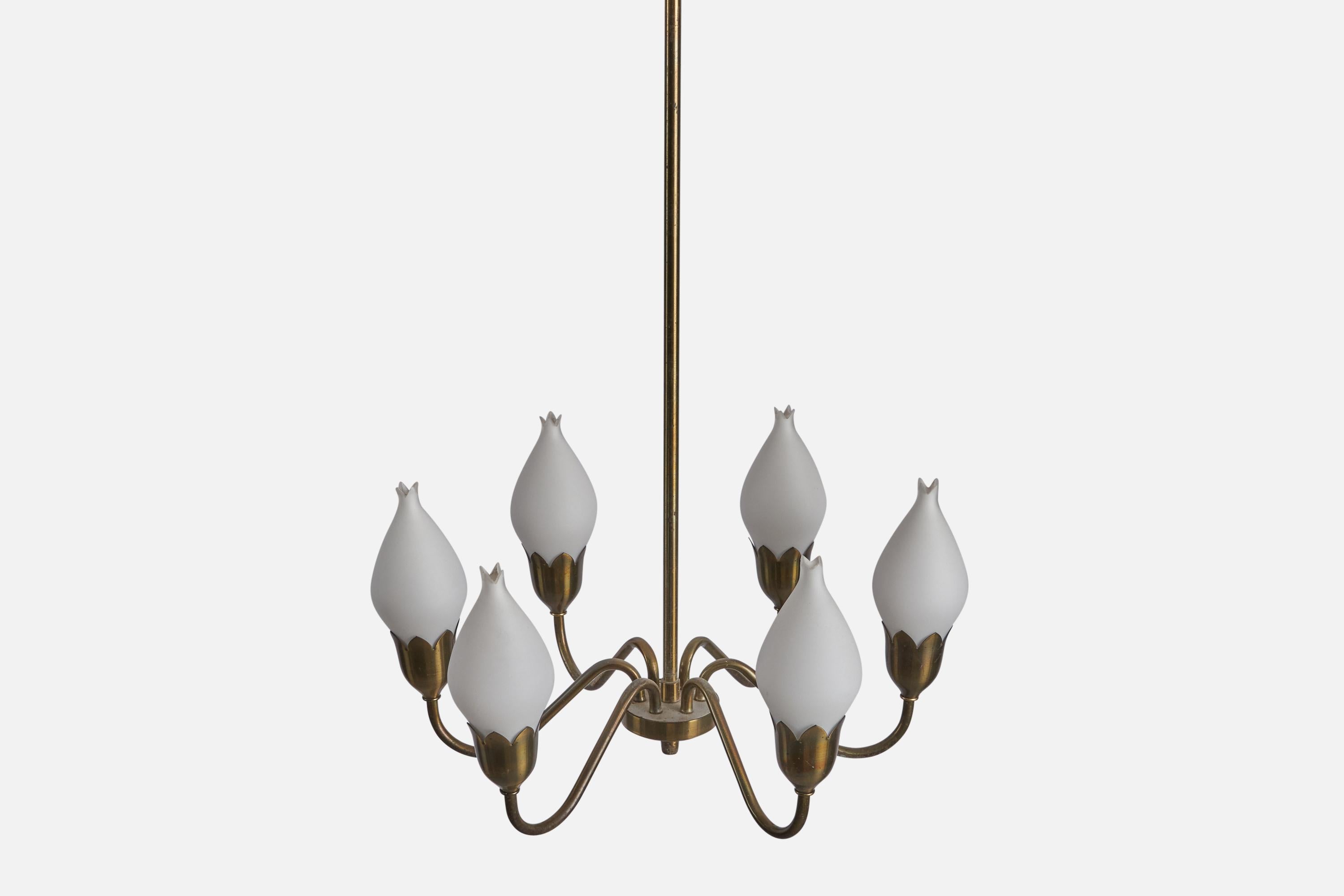Fog & Mørup, Chandelier, Brass, Glass, Denmark, 1960s In Good Condition For Sale In High Point, NC