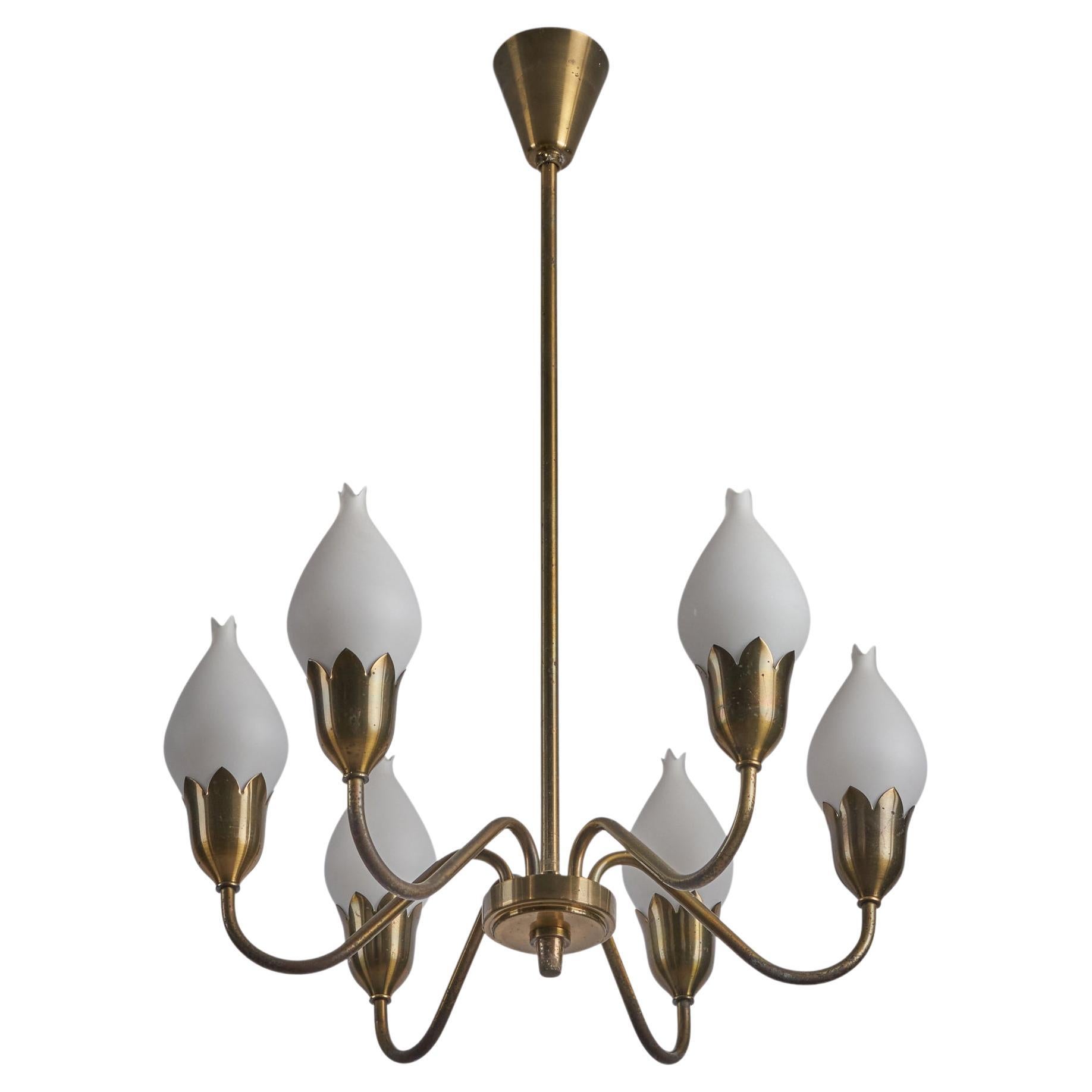 Fog & Mørup, Chandelier, Brass, Glass, Denmark, 1960s For Sale