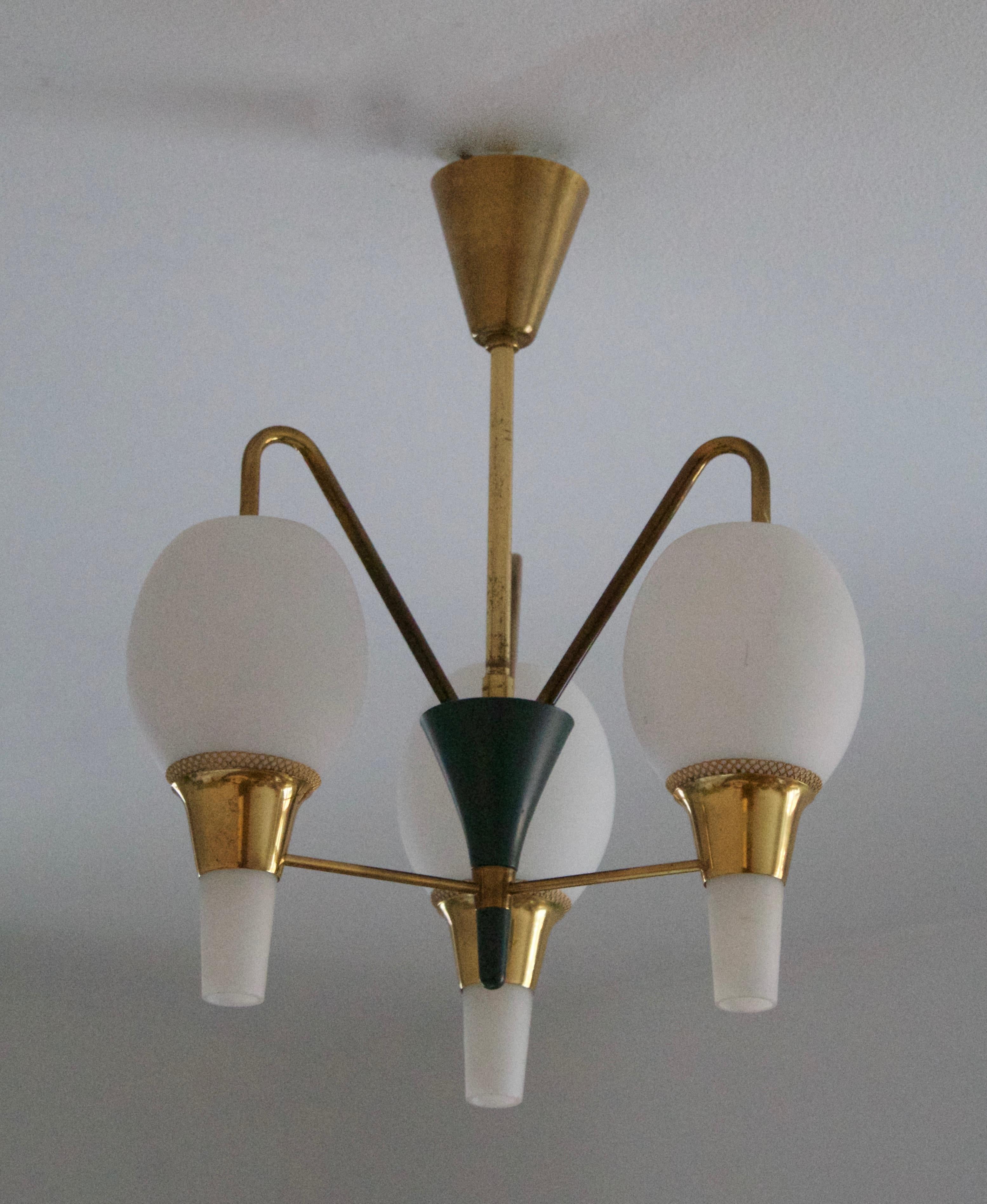 Fog & Mørup, Chandelier, Brass, Green-Lacquered Metal, Milk Glass, Denmark 1950s In Good Condition For Sale In High Point, NC