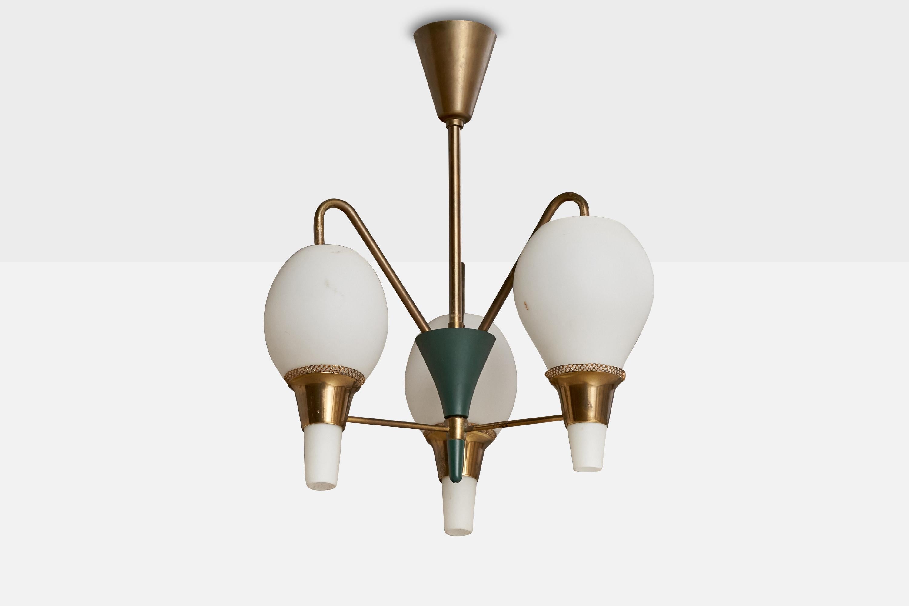A brass, glass and green lacquered metal chandelier designed and produced by Fog & Mørup, Denmark, c. 1950s.

Overall Dimensions (inches): 19.625” H x  15.125” Diameter
Dimensions of Canopy:  4.125” H x 3.5” W x 3.5” D
Stem length: 8.375”H
Bulb