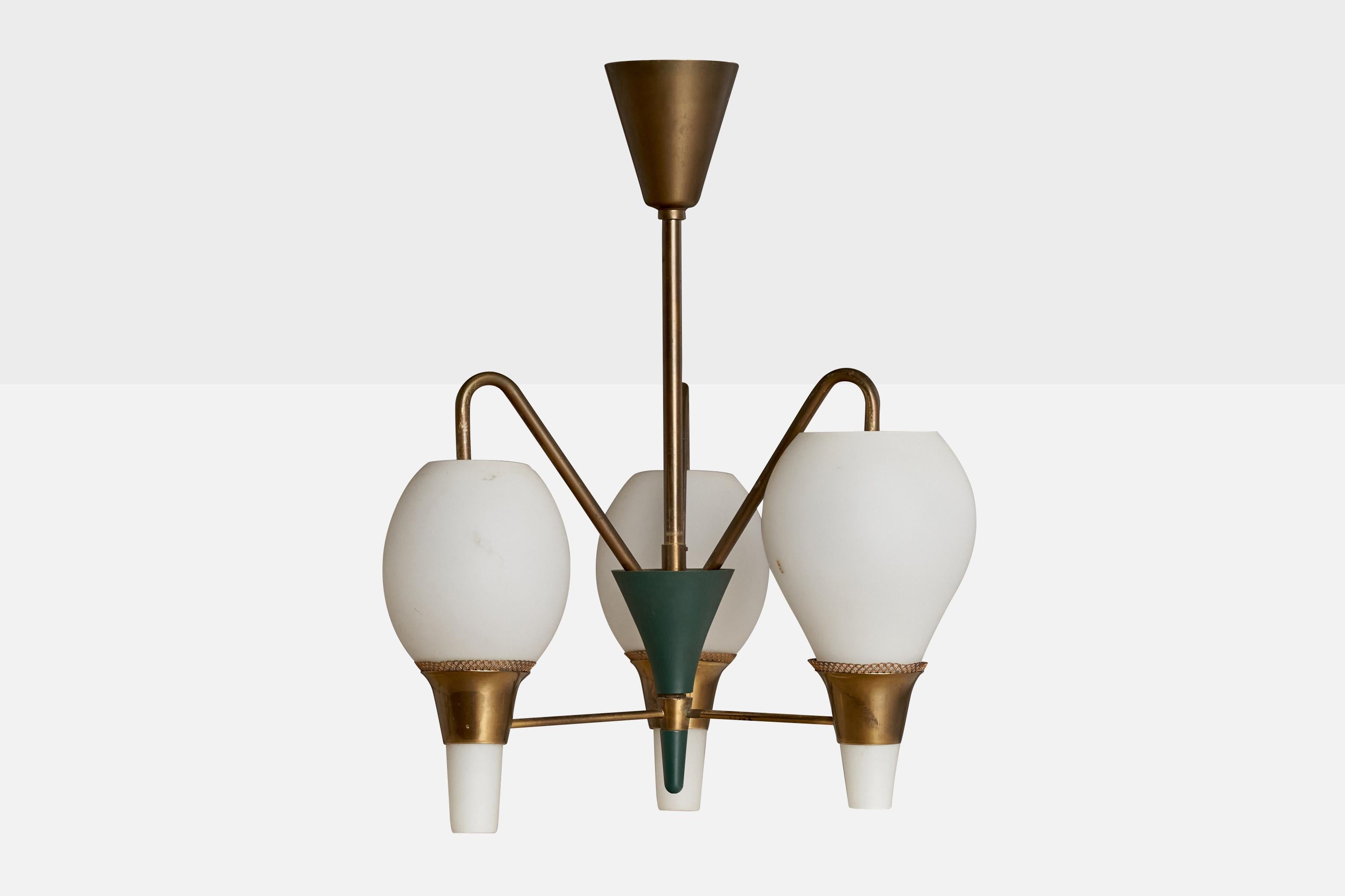 Scandinavian Modern Fog & Mørup, Chandelier, Brass, Metal, Glass, Denmark, 1950s For Sale