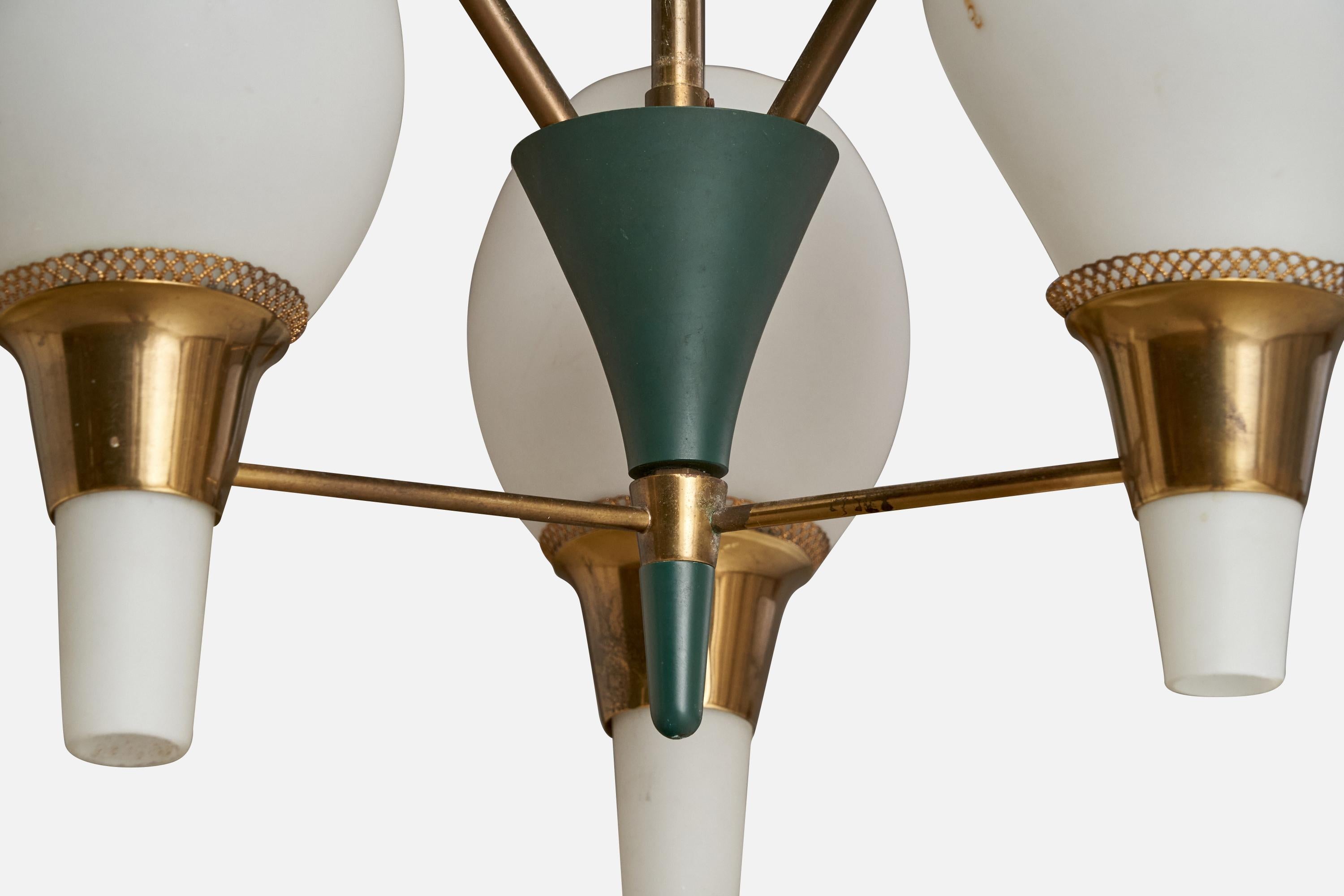 Mid-20th Century Fog & Mørup, Chandelier, Brass, Metal, Glass, Denmark, 1950s For Sale