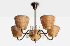 Fog & Mørup, Kronleuchter, Messing, Rattan, Dänemark, 1940er Jahre