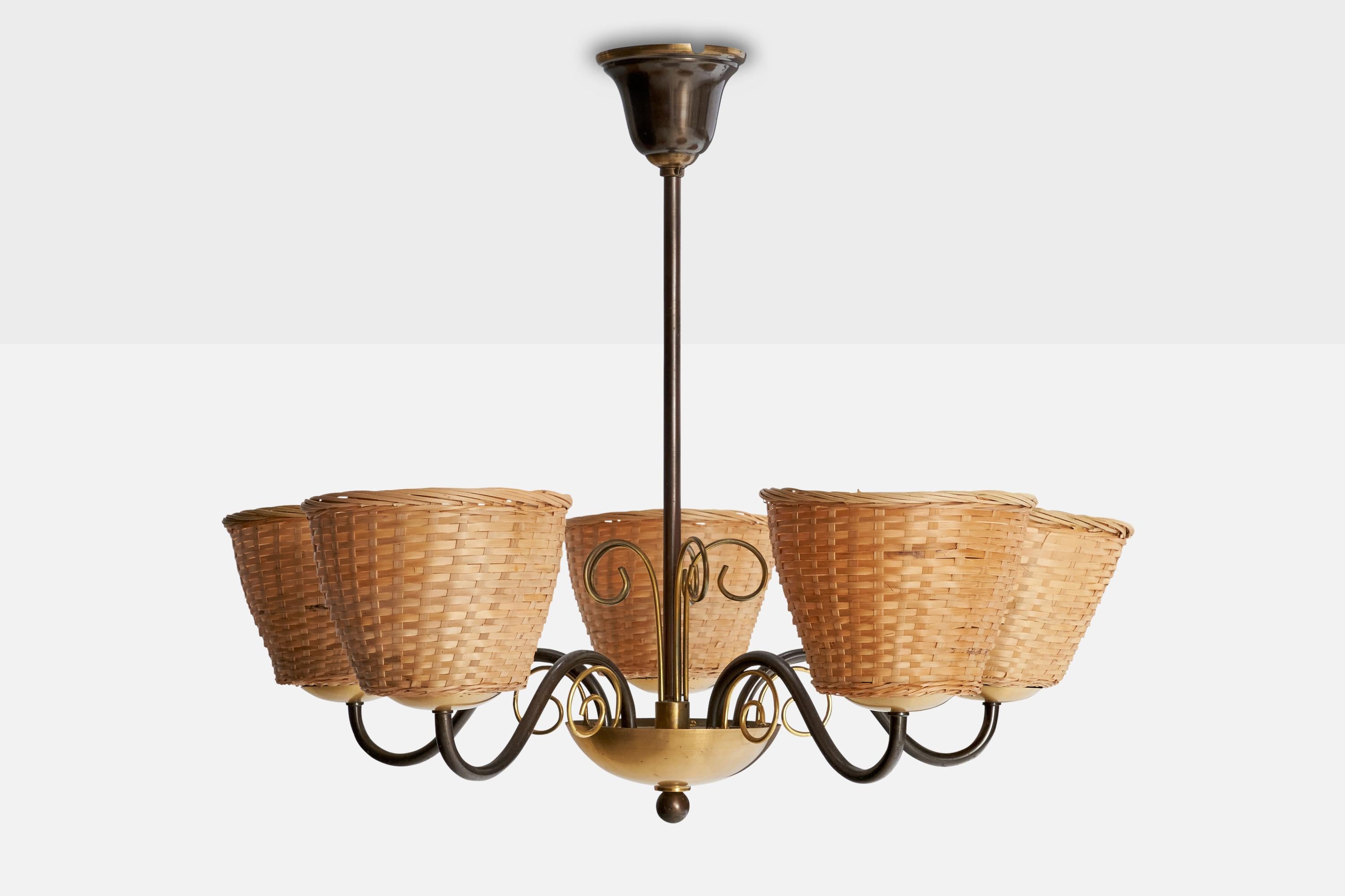 Fog & Mørup, Lámpara de araña, latón, ratán, Dinamarca, años 1940 Escandinavo moderno en venta