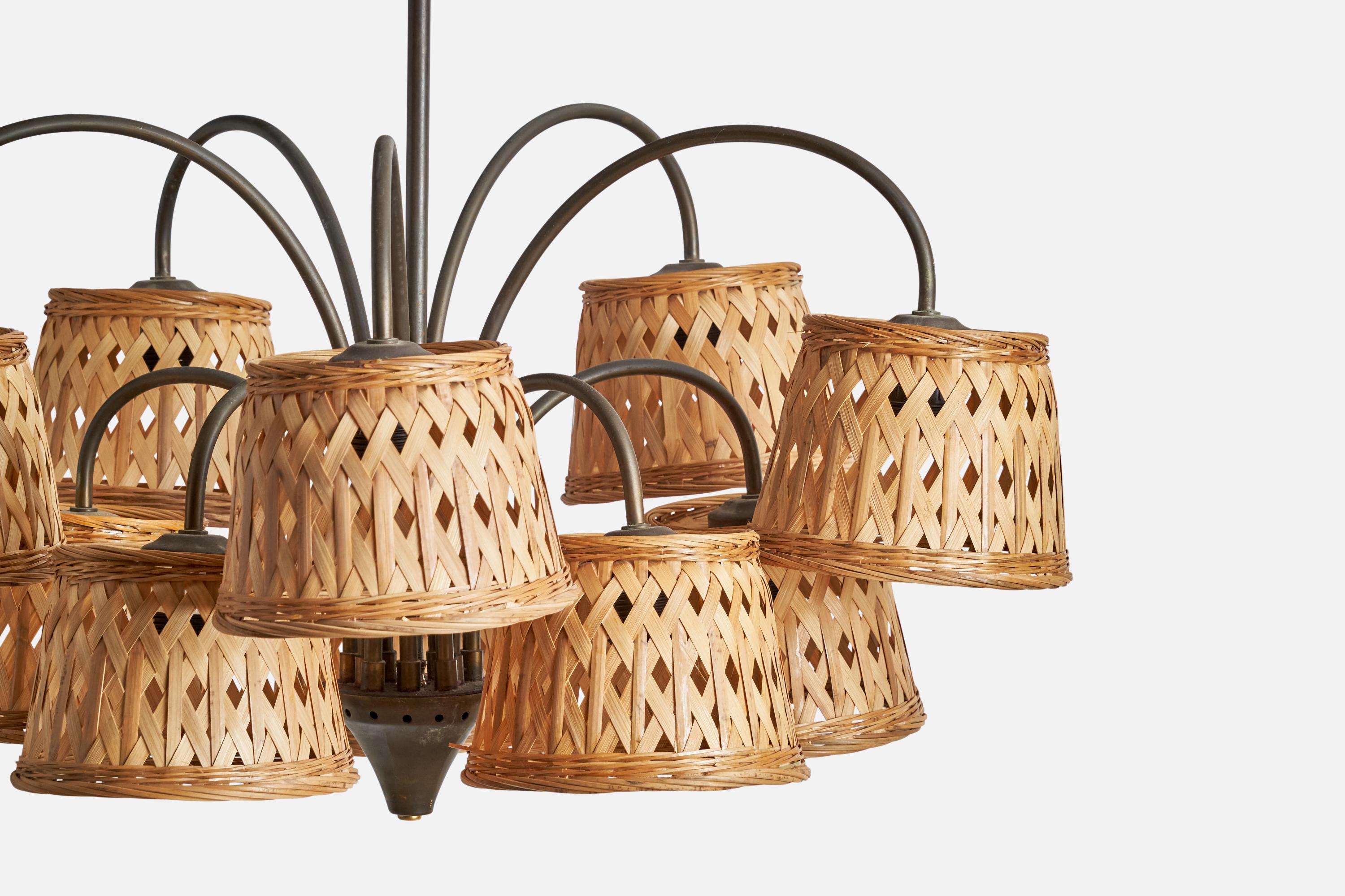 Fog & Mørup, Chandelier, Brass, Rattan, Denmark, 1940s In Good Condition For Sale In High Point, NC