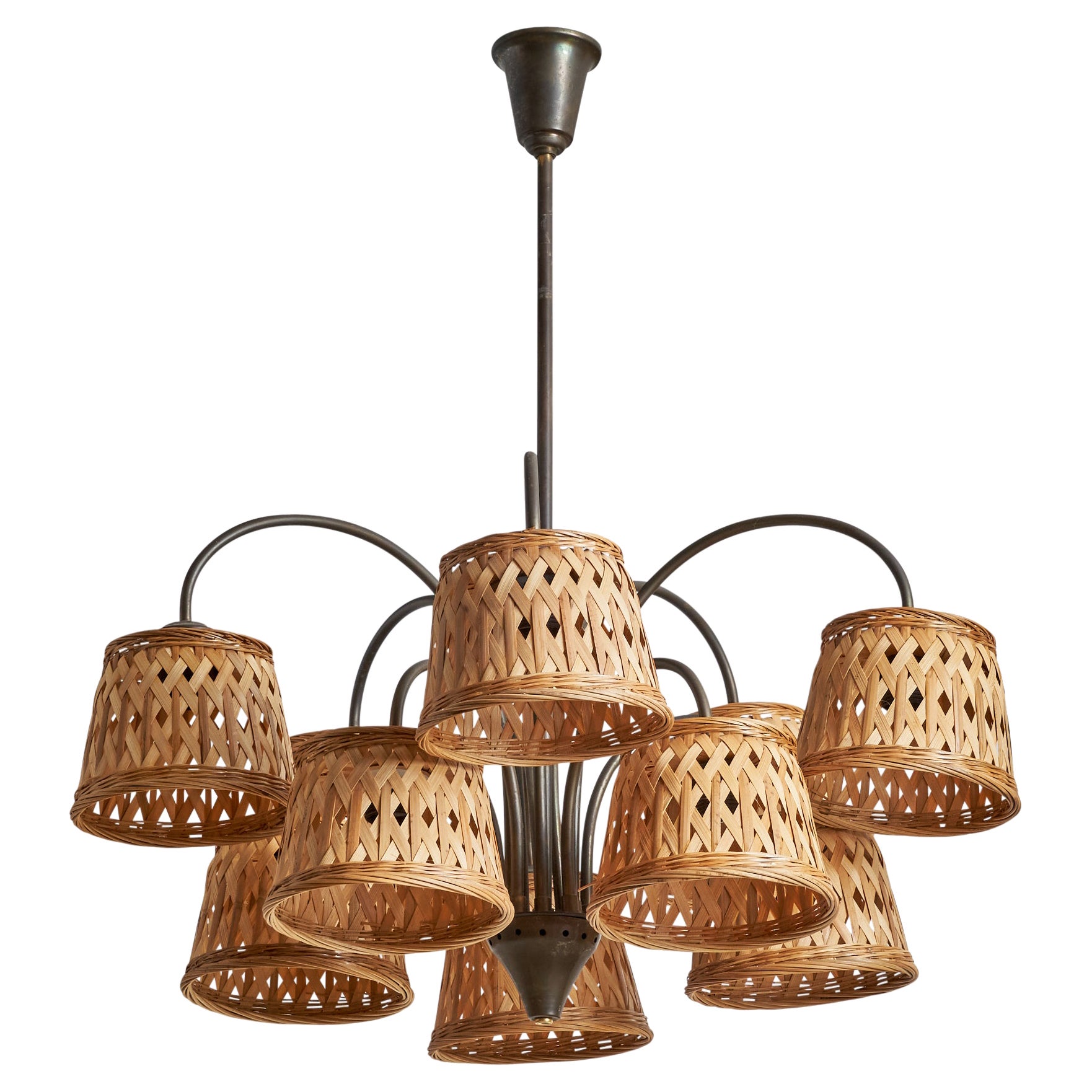 Fog & Mørup, Kronleuchter, Messing, Rattan, Dänemark, 1940er Jahre