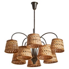 Fog & Mørup, Chandelier, Brass, Rattan, Denmark, 1940s