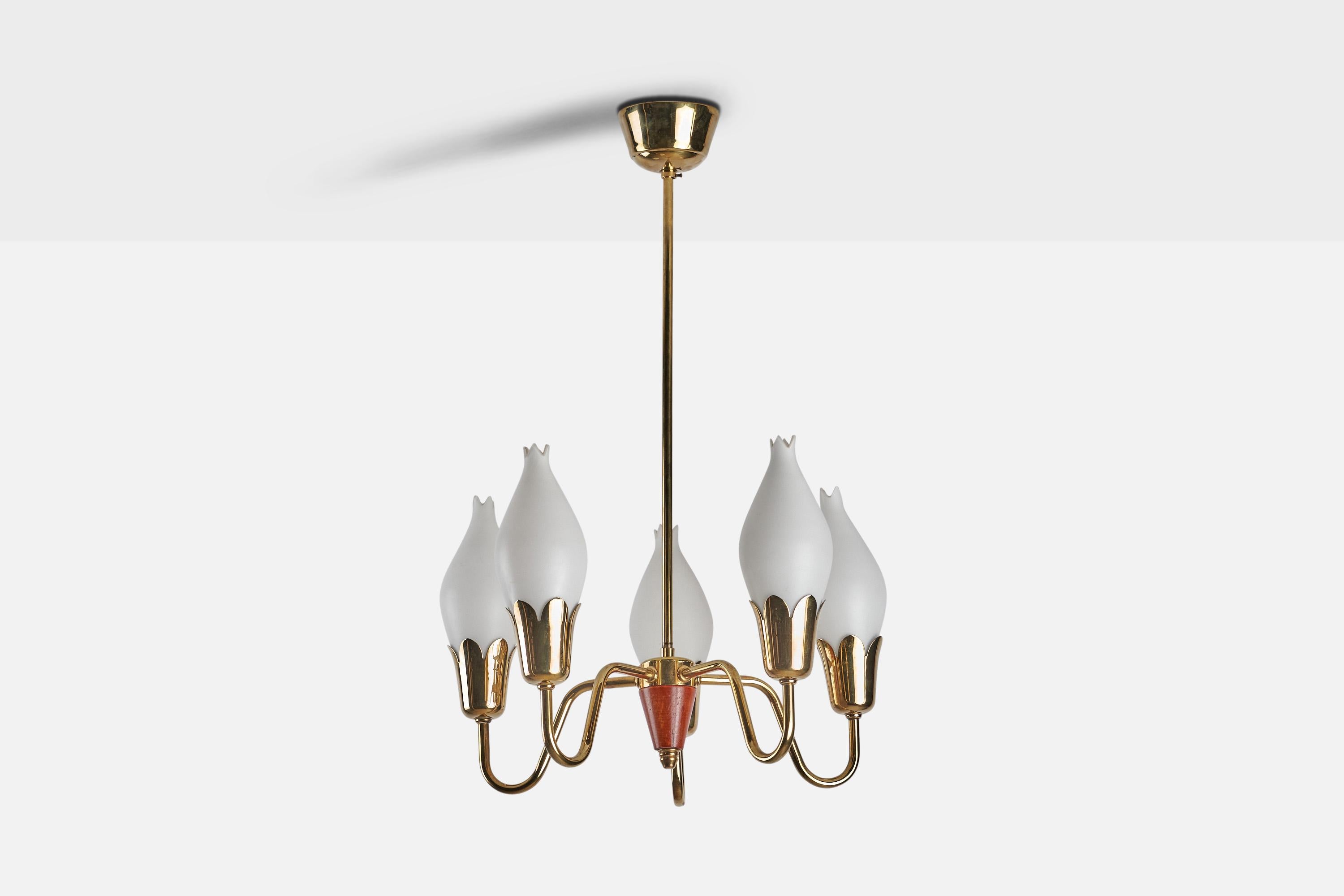 
A brass, teak and opaline glass chandelier designed and produced by Fog & Mørup, Denmark, 1950s.
Dimensions of canopy (inches) : 2.23” H x 3.62” Diameter
Socket takes standard E-14 bulb. There is no maximum wattage stated on the fixture. All