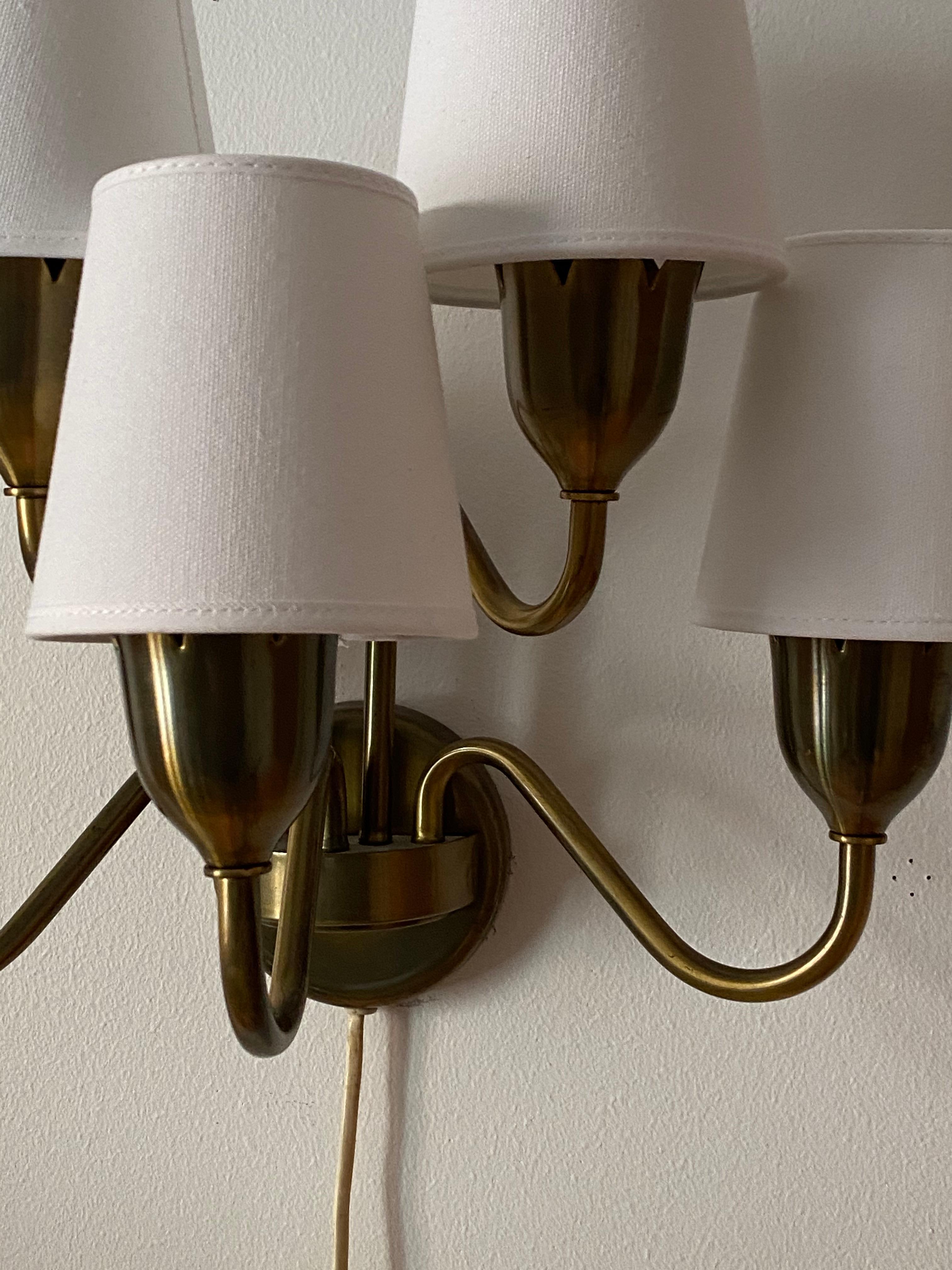 Danish Fog & Mørup, Five-Armed Wall Light / Sconce, Brass, Linen, Denmark, 1960s