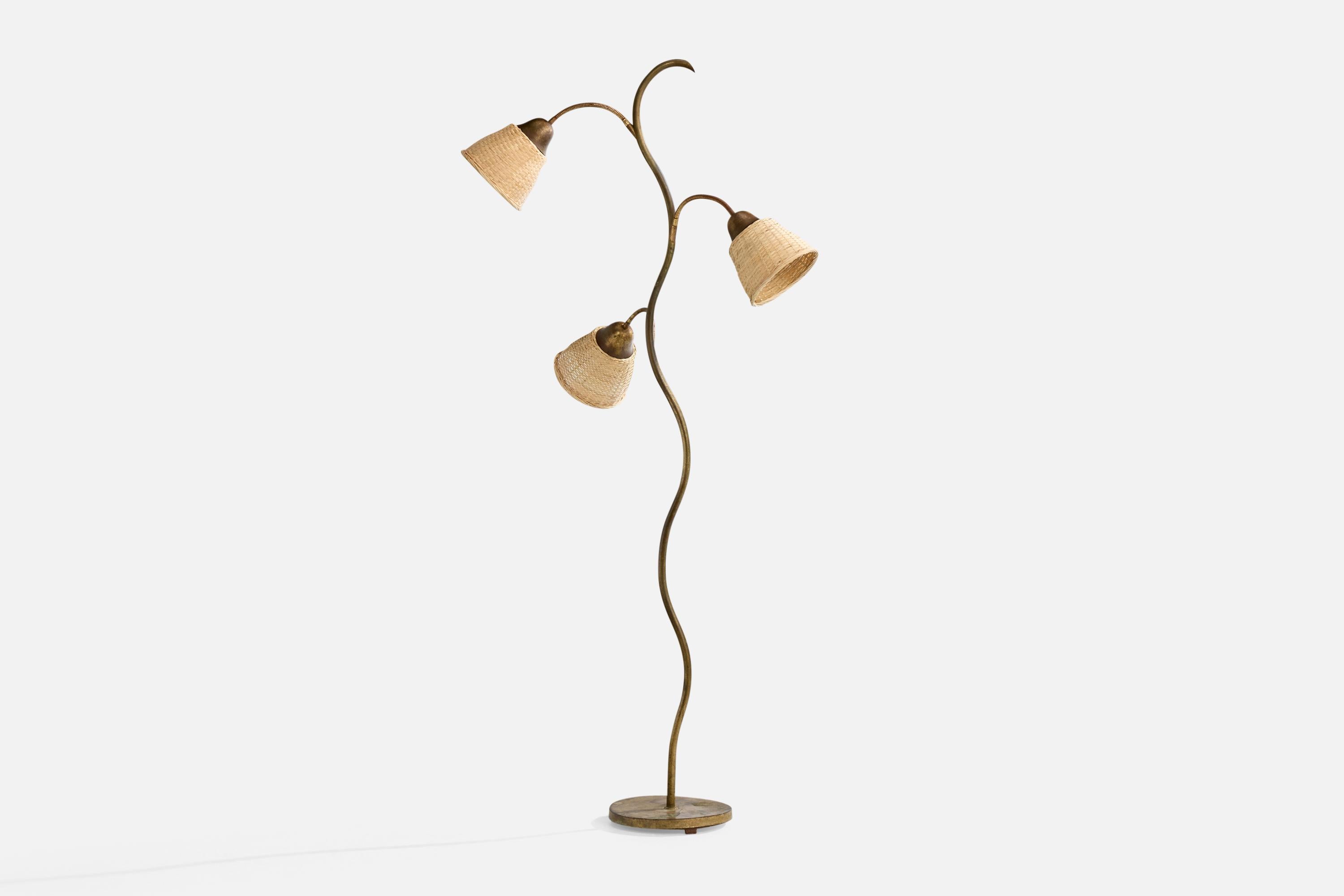 Scandinavian Modern Fog & Mørup, Floor Lamp, Brass, Rattan, Denmark, 1940s For Sale