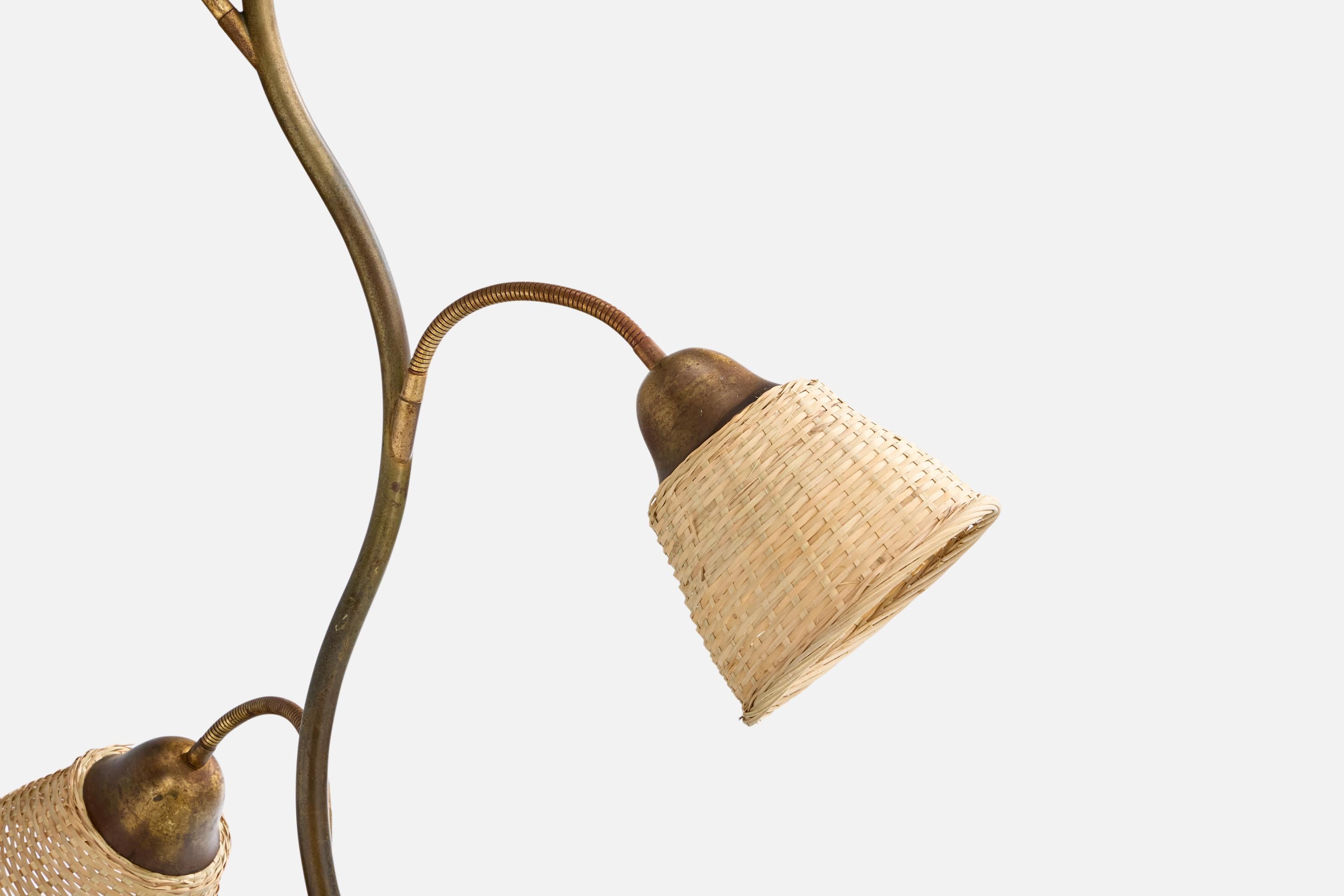 Mid-20th Century Fog & Mørup, Floor Lamp, Brass, Rattan, Denmark, 1940s For Sale