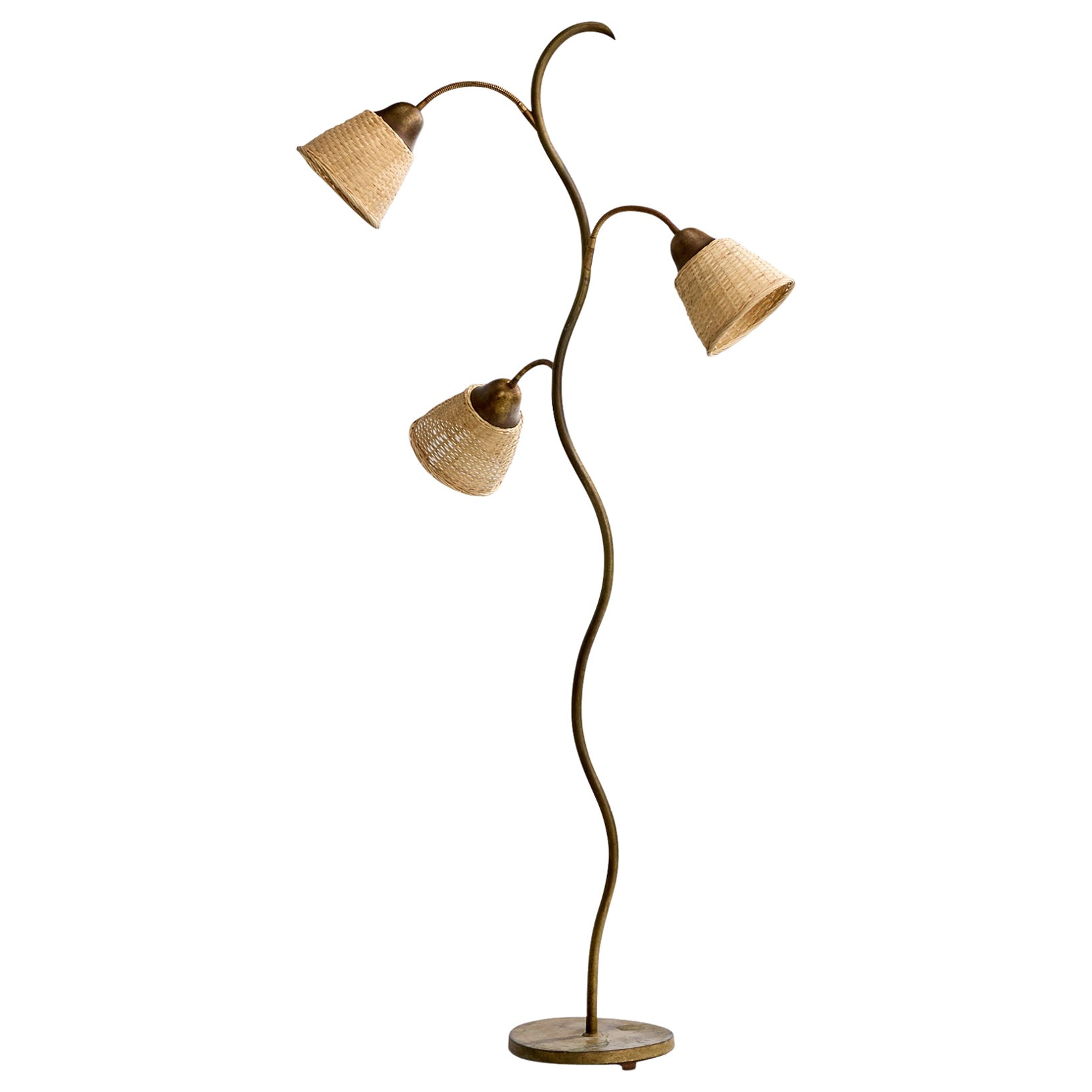 Fog & Mørup, Stehlampe, Messing, Rattan, Dänemark, 1940er Jahre