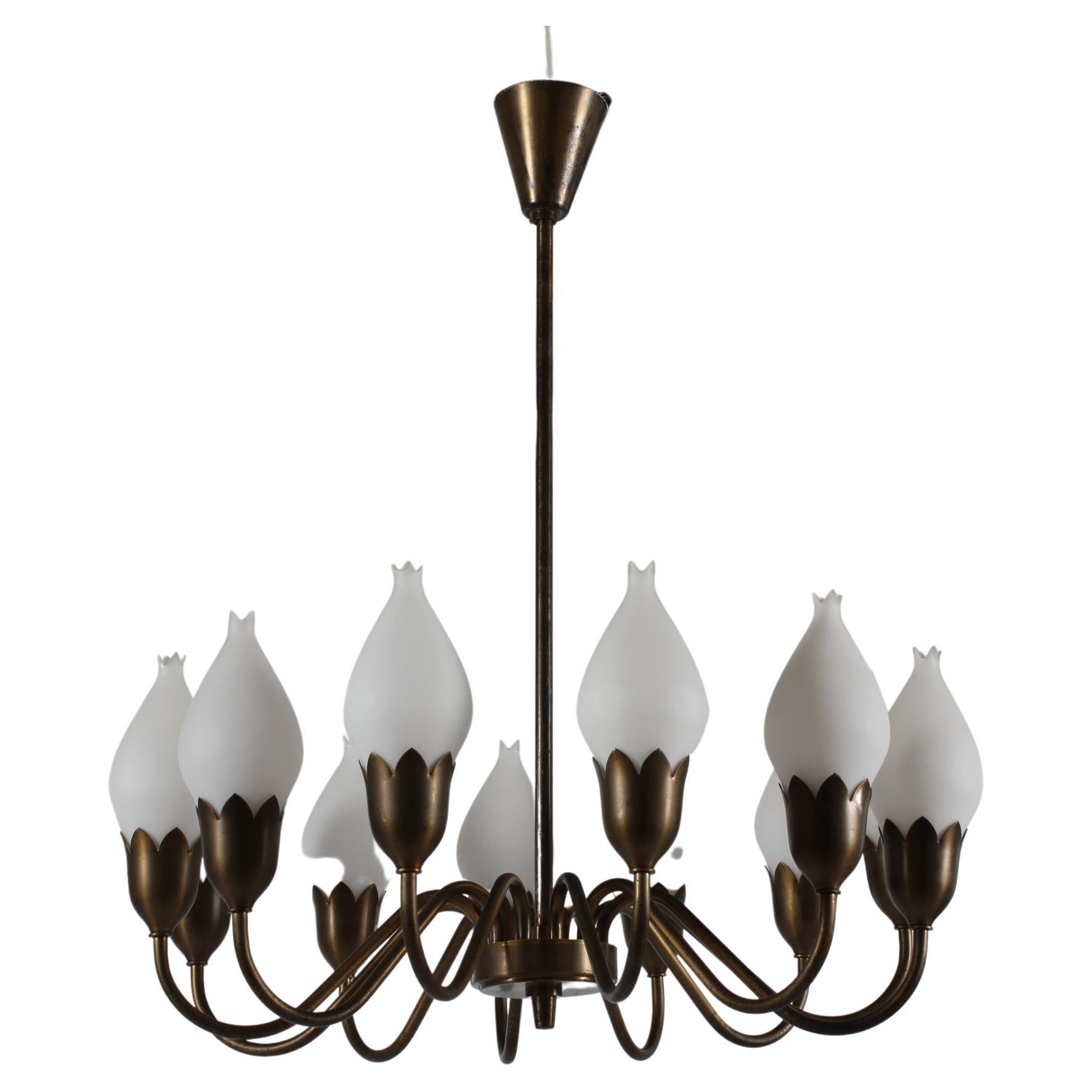 Fog & Mørup Tulip Brass Chandelier 12-armed of Hand-blown Glass Denmark 1950s