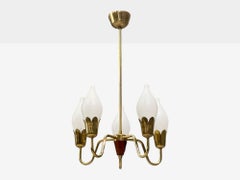 Fog & Mørup, Tulip Chandelier, Opal Glass, Brass, Teak, Denmark, 1960s