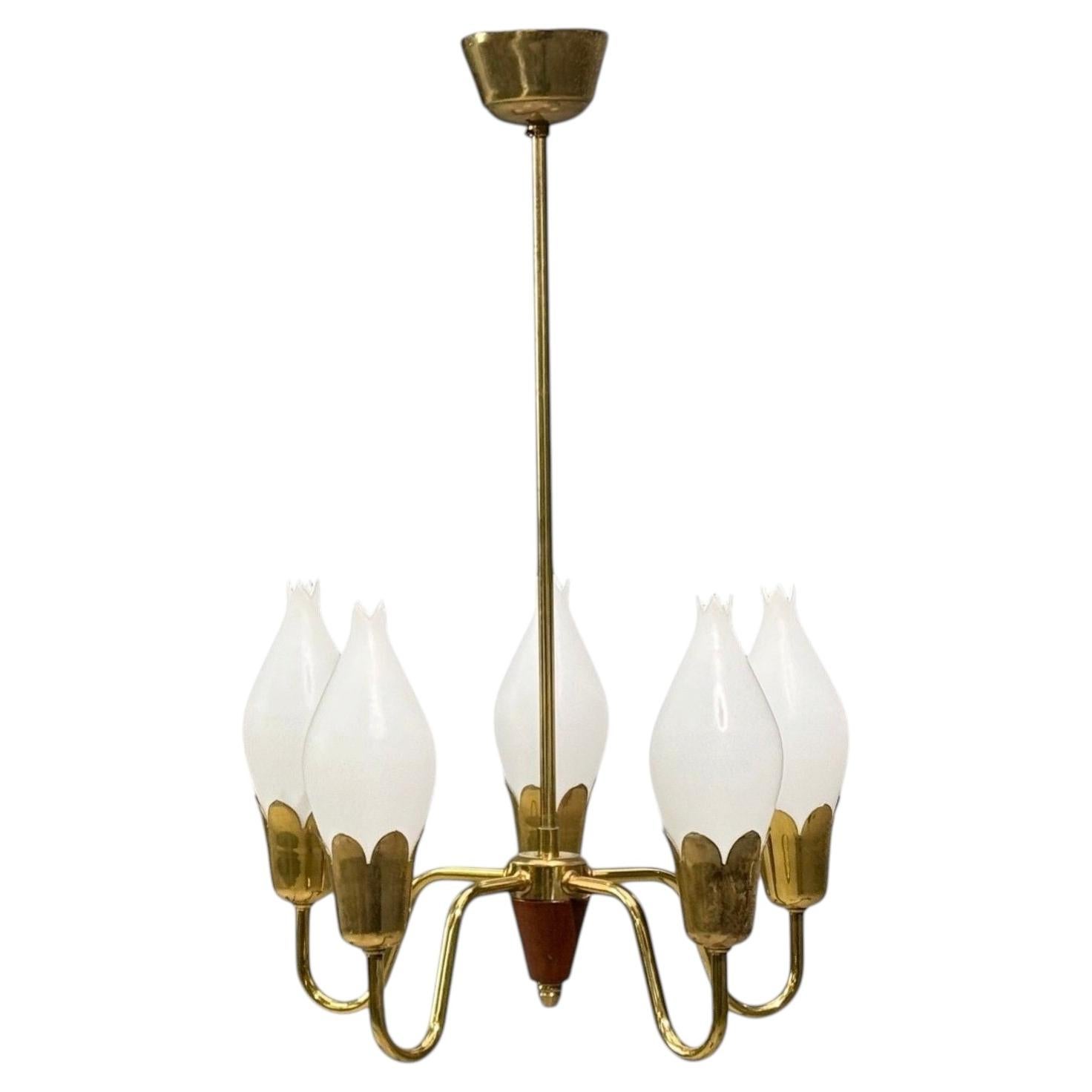 Fog & Mørup, Tulip Chandelier, Opal Glass, Brass, Teak, Denmark, 1960s