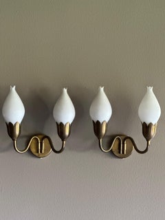 Fog & Mørup "Tulip" Wall Light Lamps in Brass and Milk Glass, Denmark, 1950s